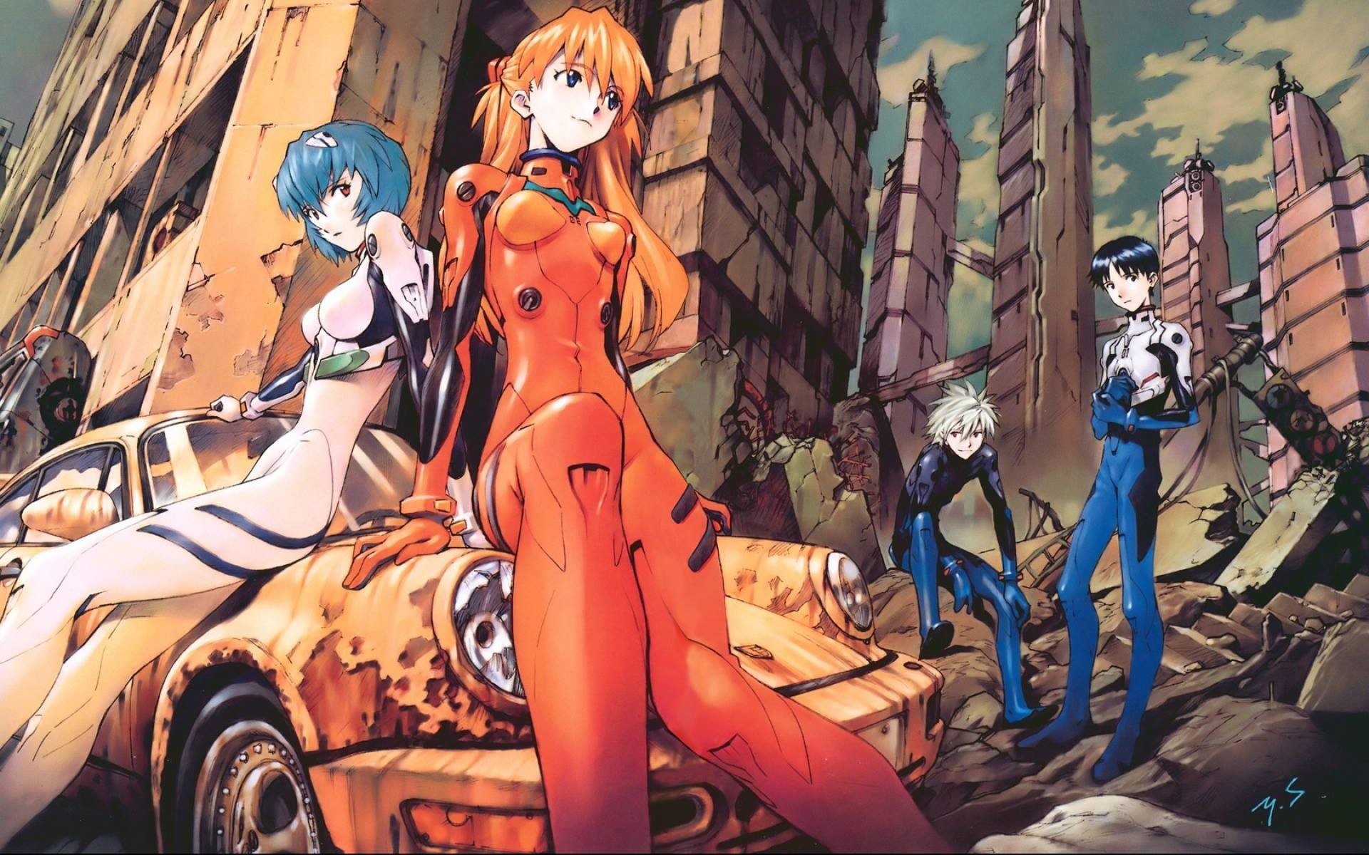 Neon Genesis Evangelion characters in a ruined city HD Wallpaper