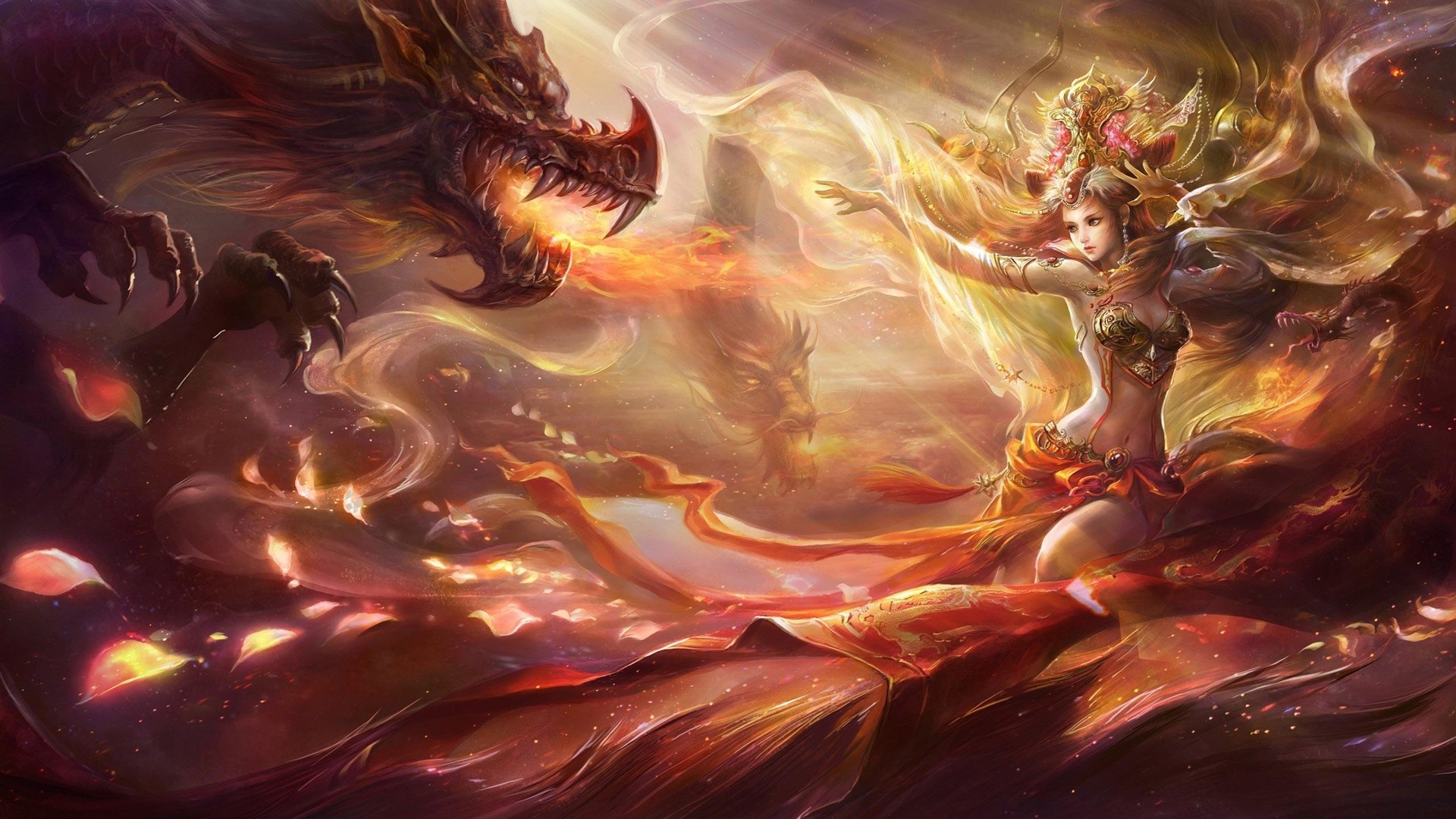 Fantasy art of a woman and dragons HD Wallpaper