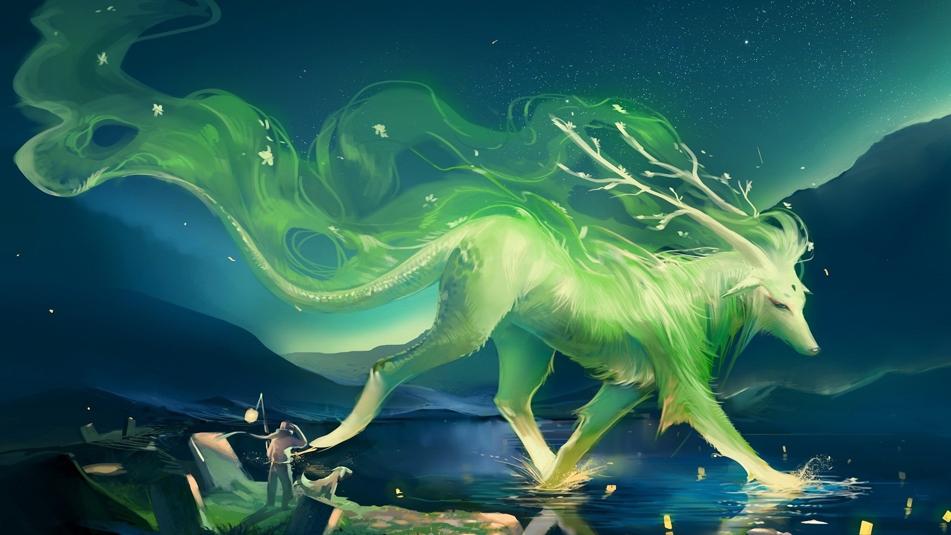 Fantasy creature with antlers and flowing green mane HD Wallpaper