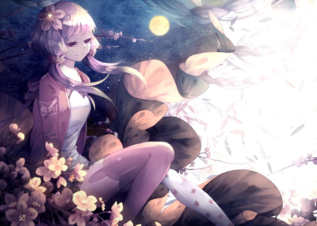 Yuzuki Yukari Sitting Among Flowers Under the Moon HD Wallpaper