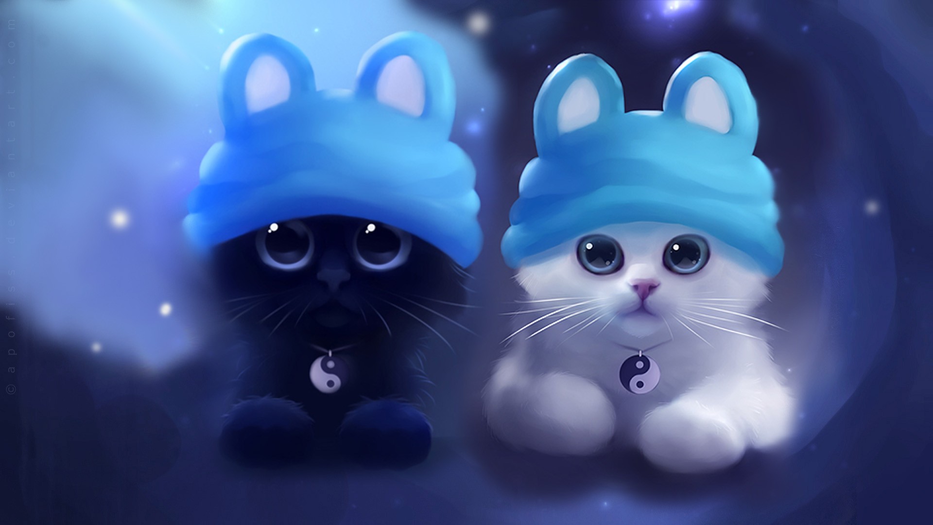 artwork, Yin and Yang, cat, Apofiss, hat HD Wallpaper