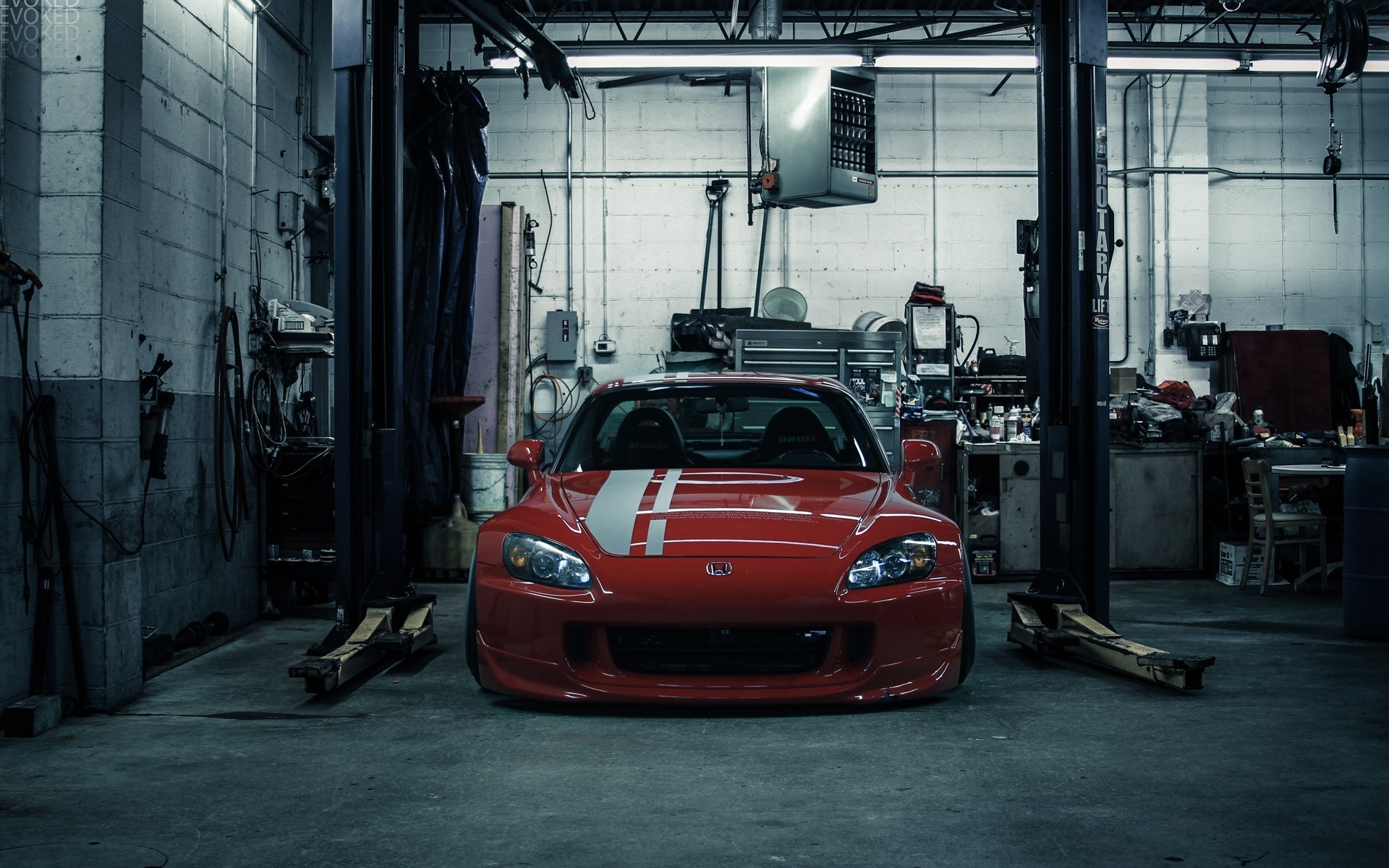 Red Honda S2000 in a Car Repair Shop HD Wallpaper