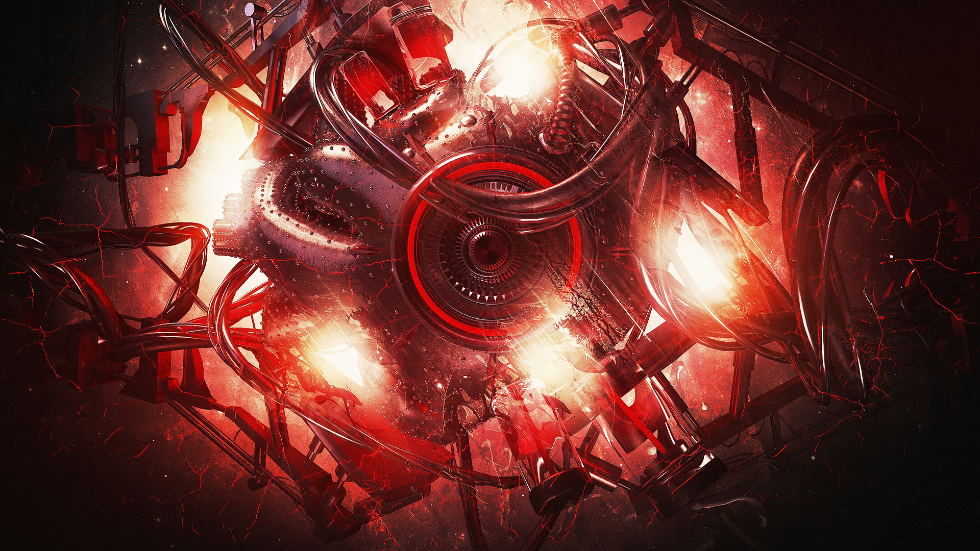 Abstract red machine with glowing pipes and circle HD Wallpaper