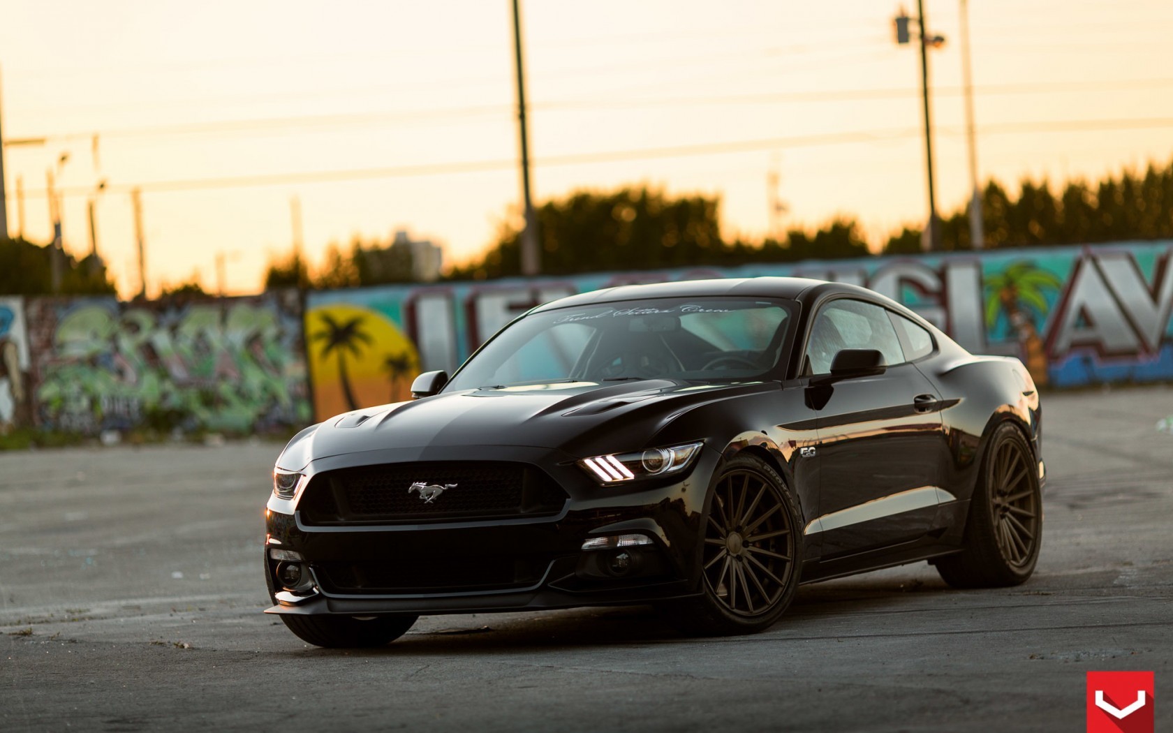 Black Ford Mustang parked near graffiti wall HD Wallpaper