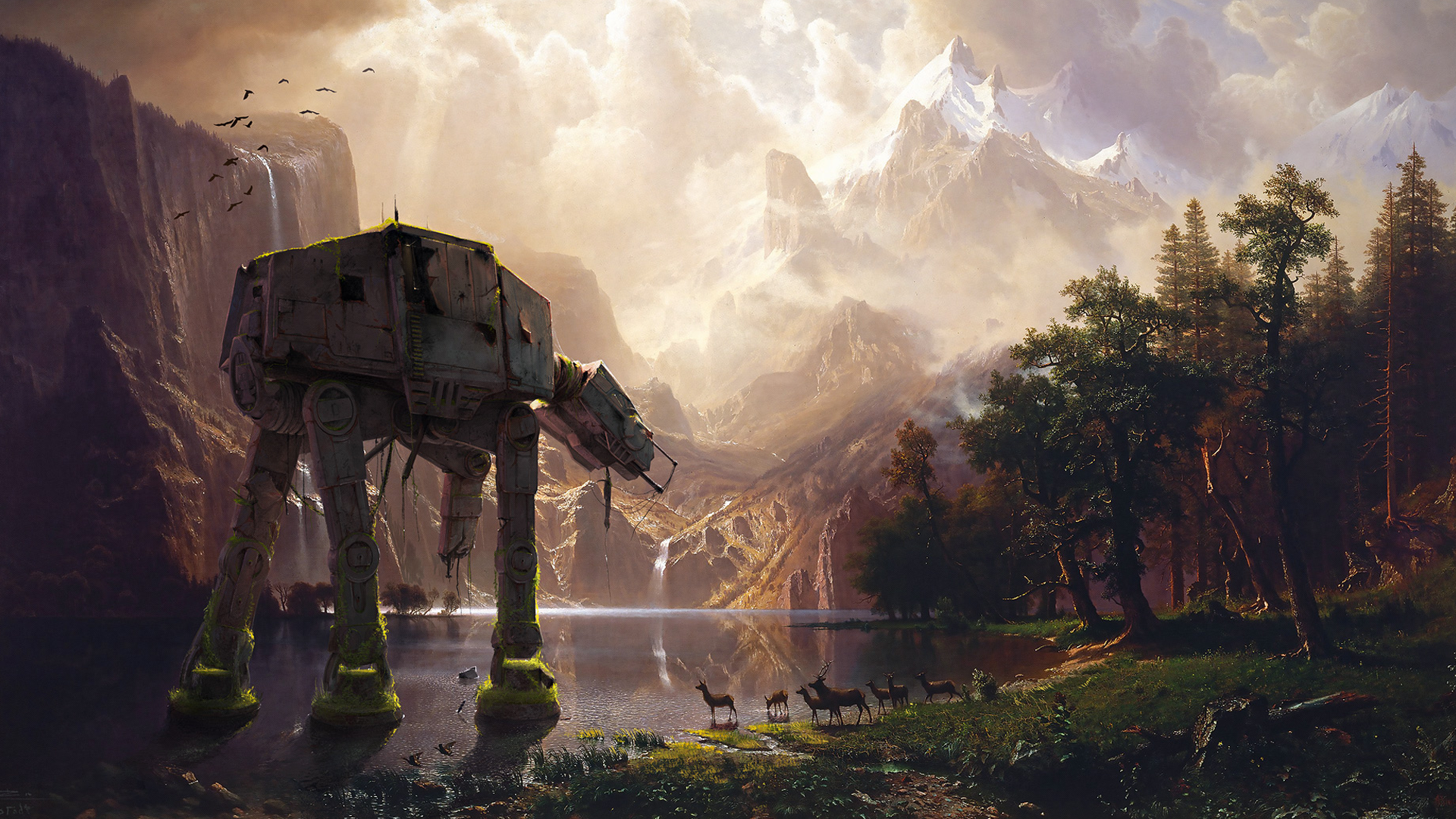 AT-AT Walker in a Mountain Landscape with Wildlife HD Wallpaper