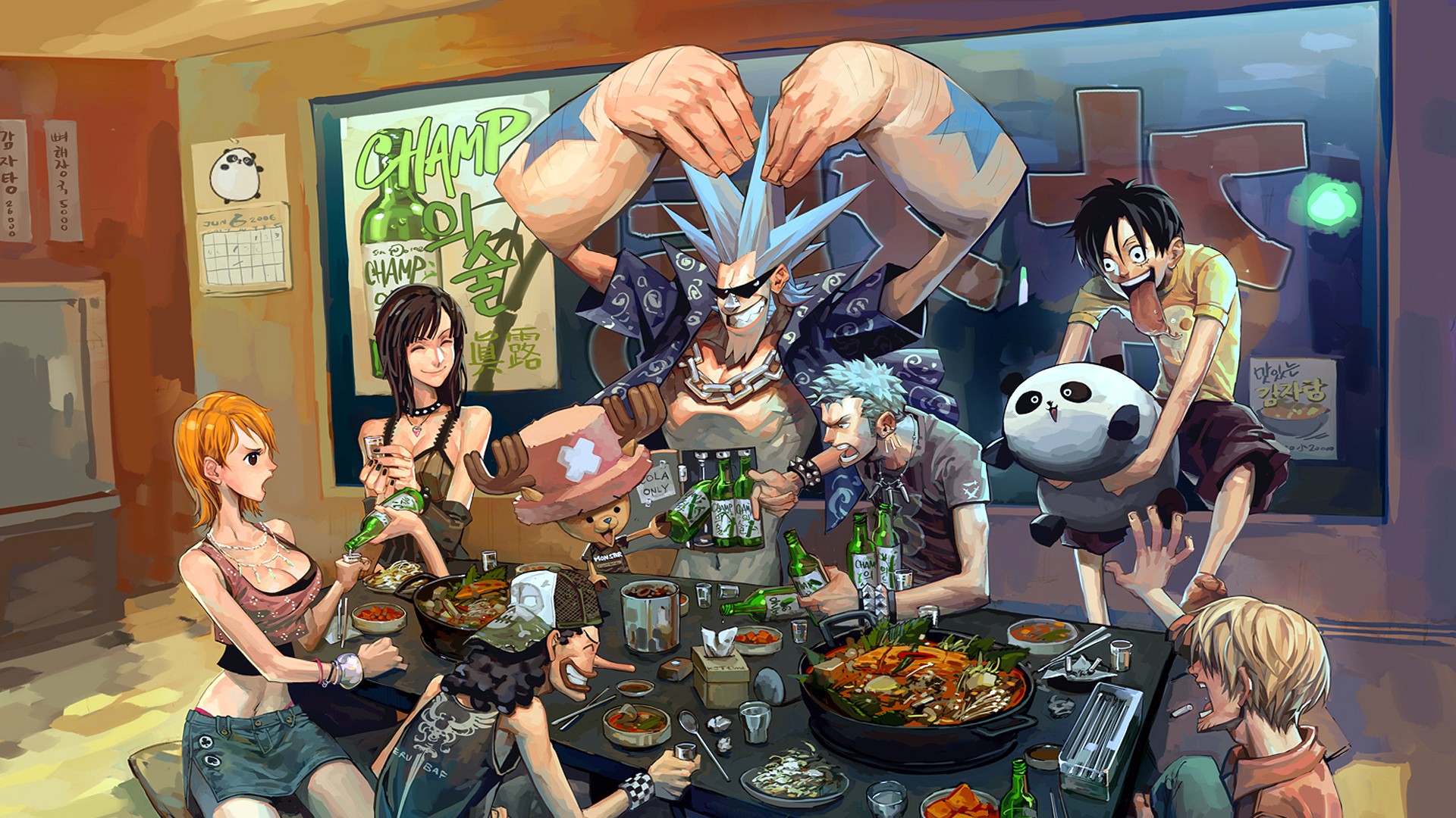One Piece characters eating and drinking at a table HD Wallpaper