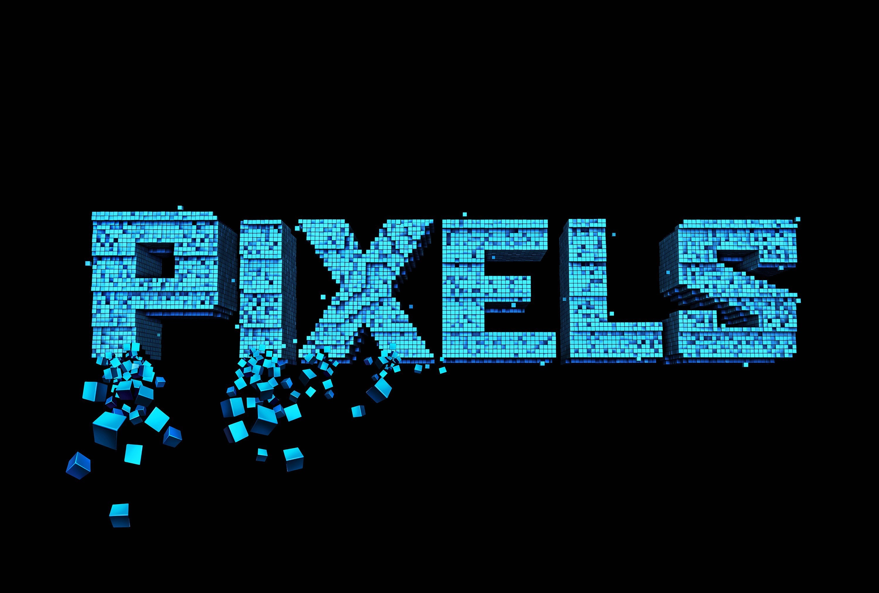 3D pixelated text 'PIXELS' dissolving into cubes HD Wallpaper