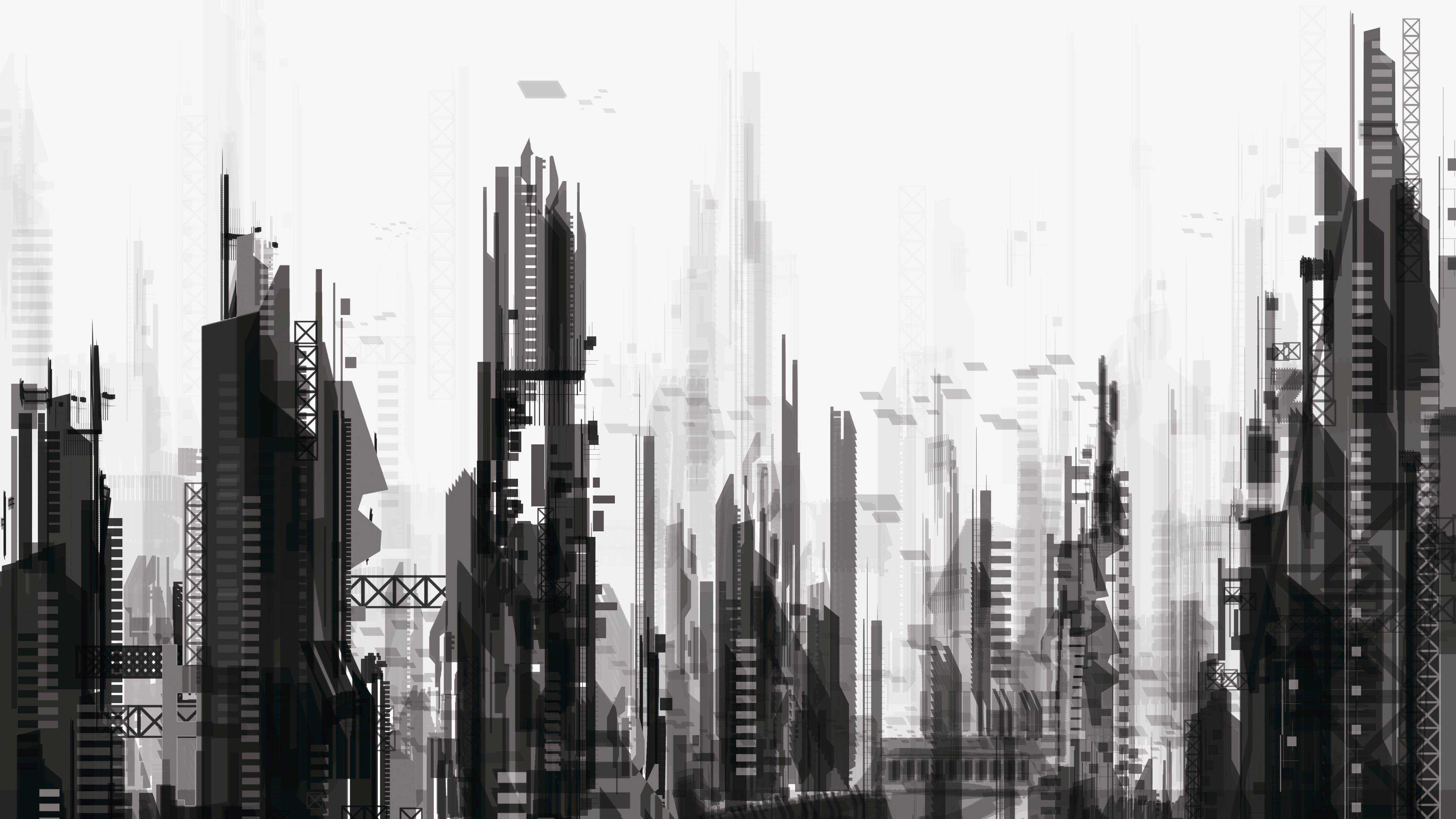 Monochrome futuristic cityscape digital art HD Wallpaper