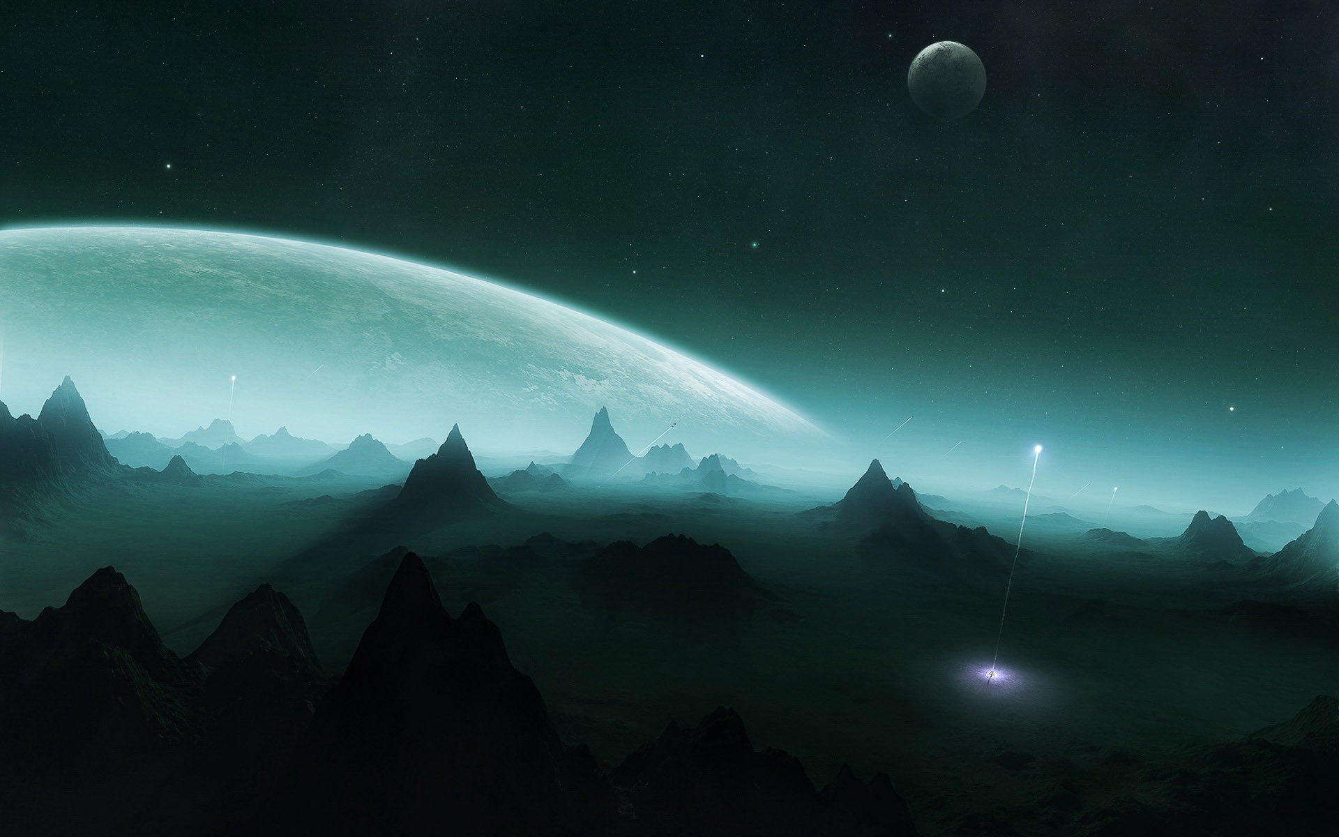 Alien planet landscape with a large planet in the sky HD Wallpaper