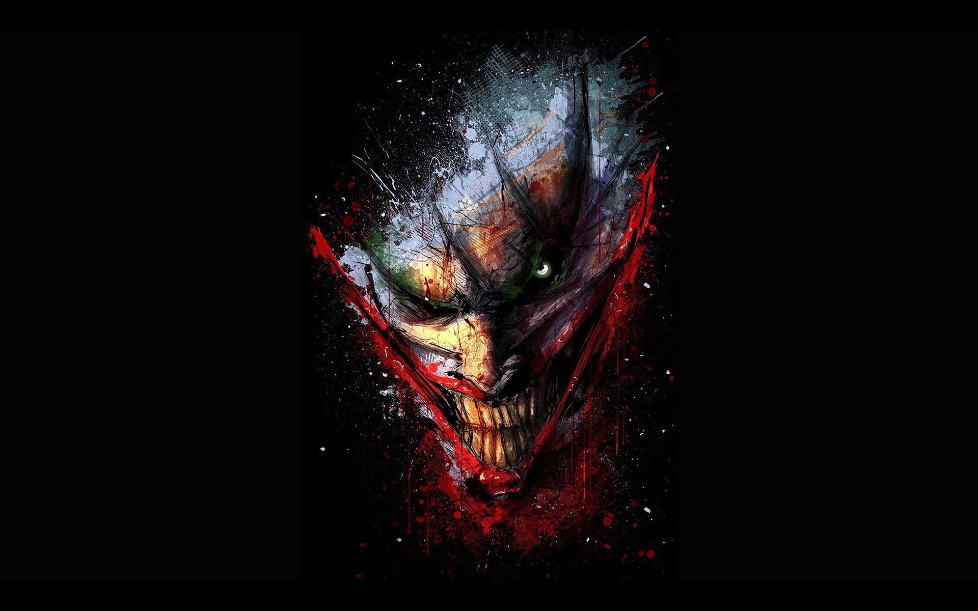 The Joker's chaotic face with red and green paint splatters HD Wallpaper