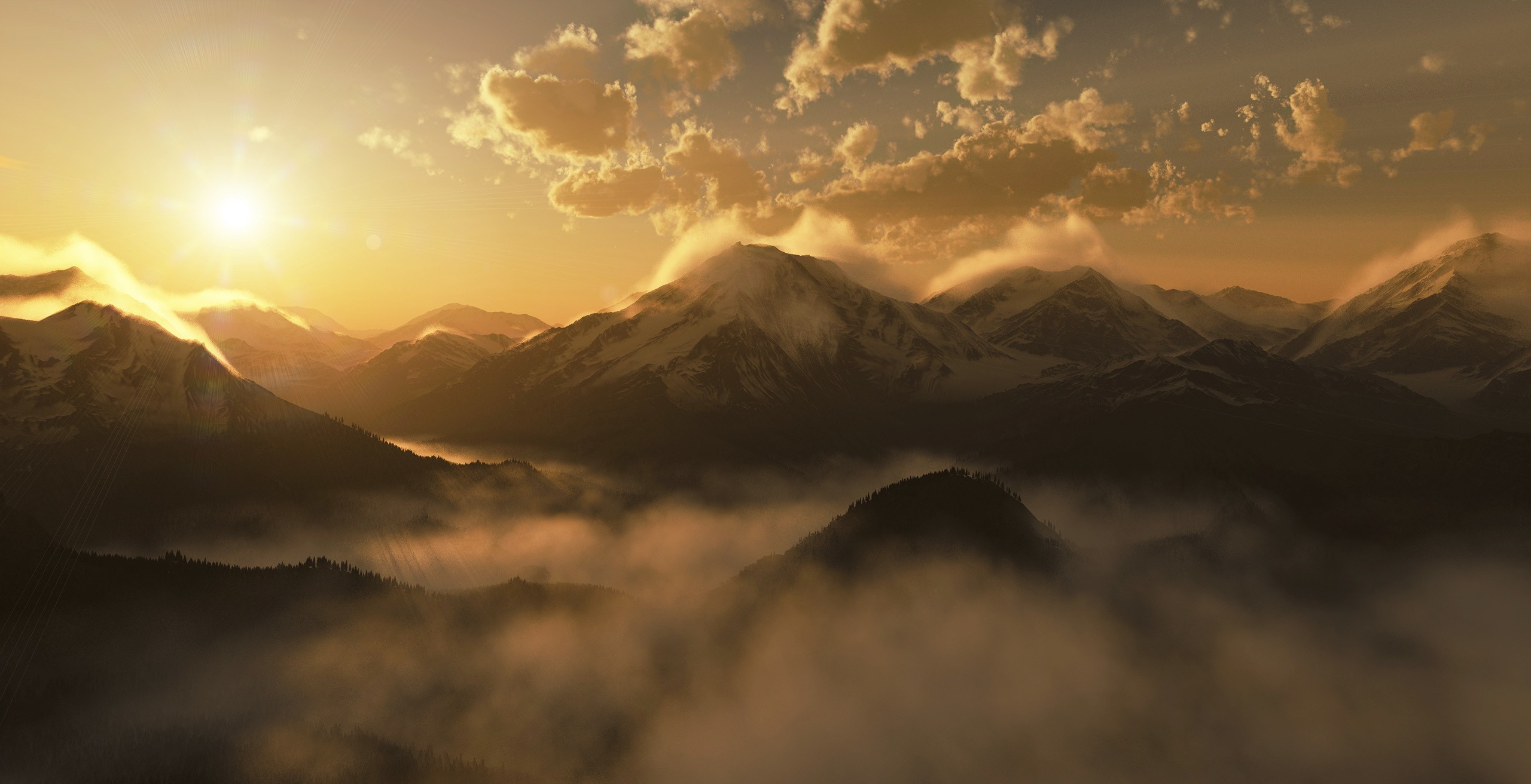Misty mountain range at sunset with clouds HD Wallpaper