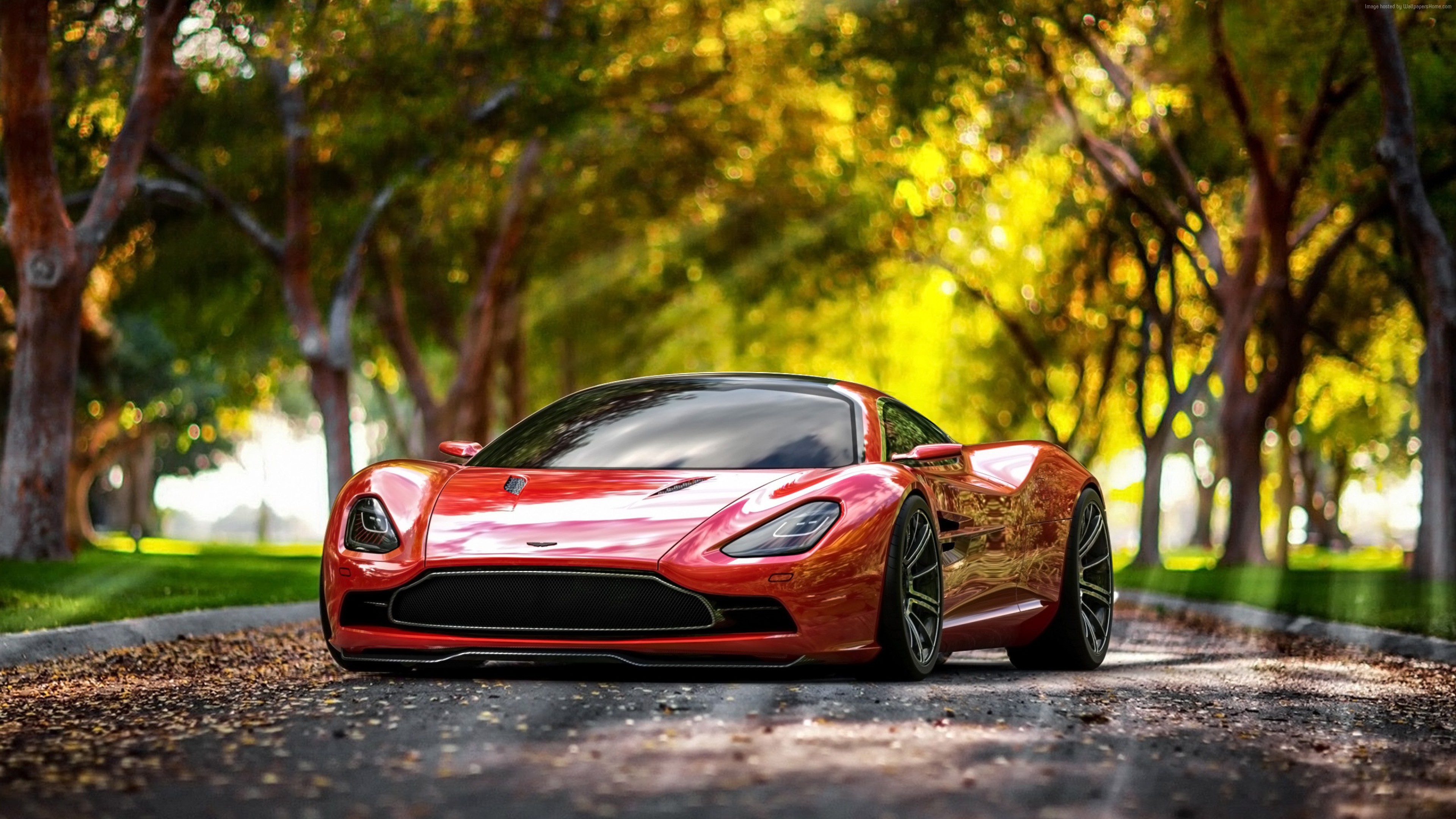 Red Aston Martin DBC sports car on a tree-lined road HD Wallpaper