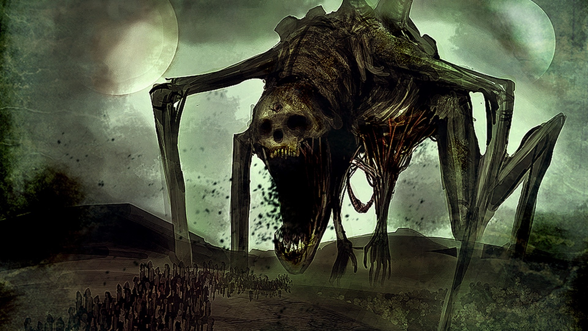 A monstrous creature with a skull-like head looms over a horde of figures. HD Wallpaper