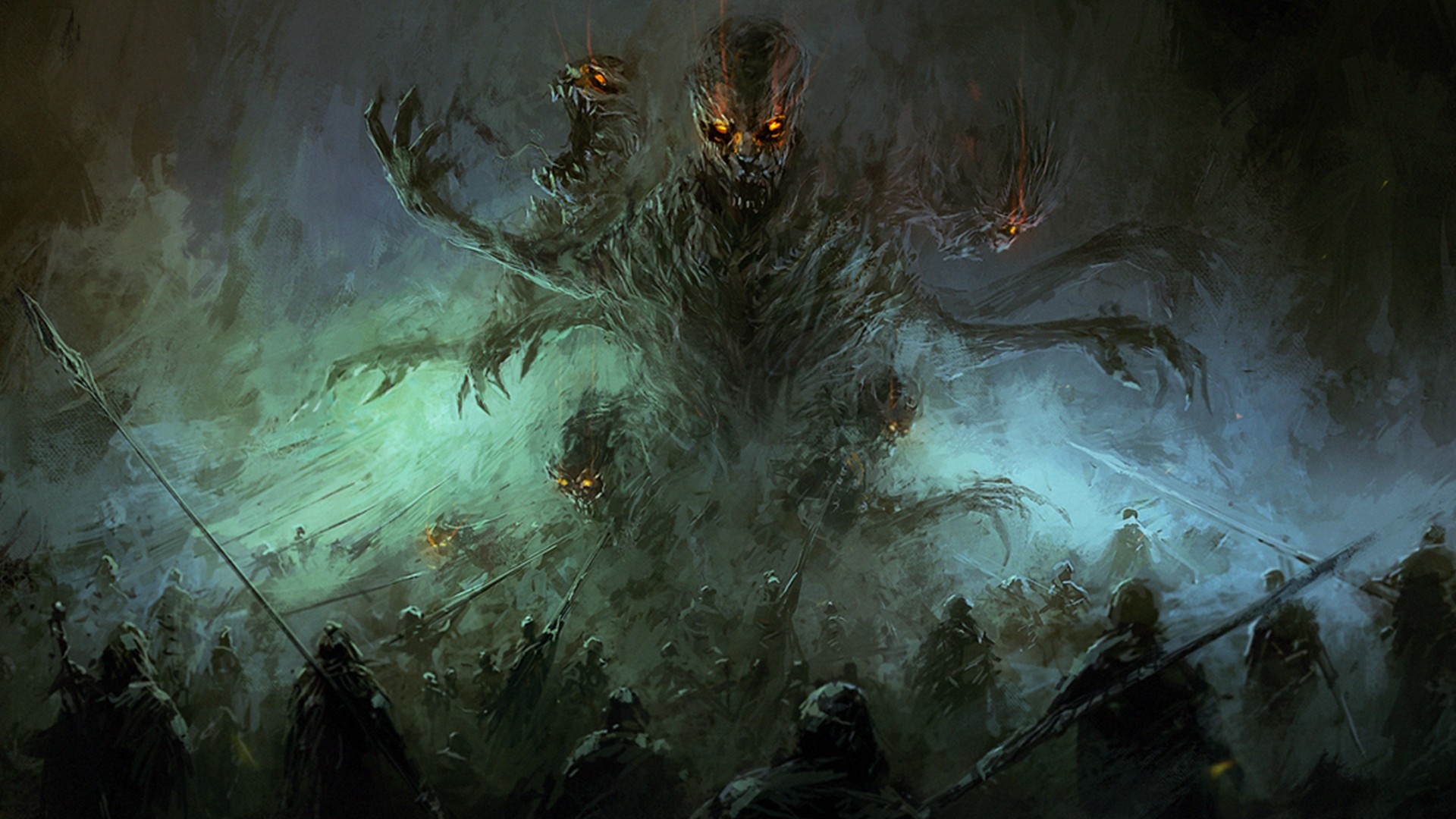 Multi-headed monster fighting an army HD Wallpaper