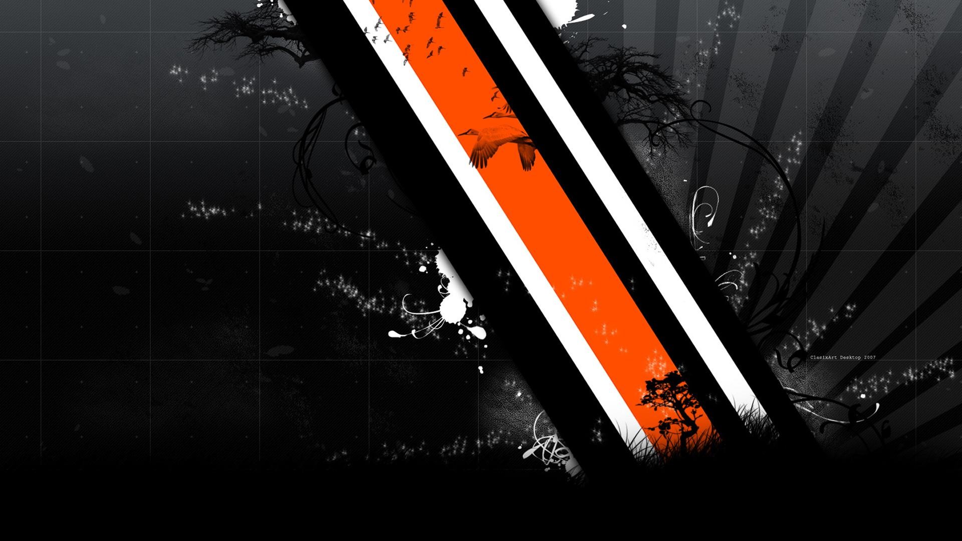 Abstract orange and black design with flying birds HD Wallpaper