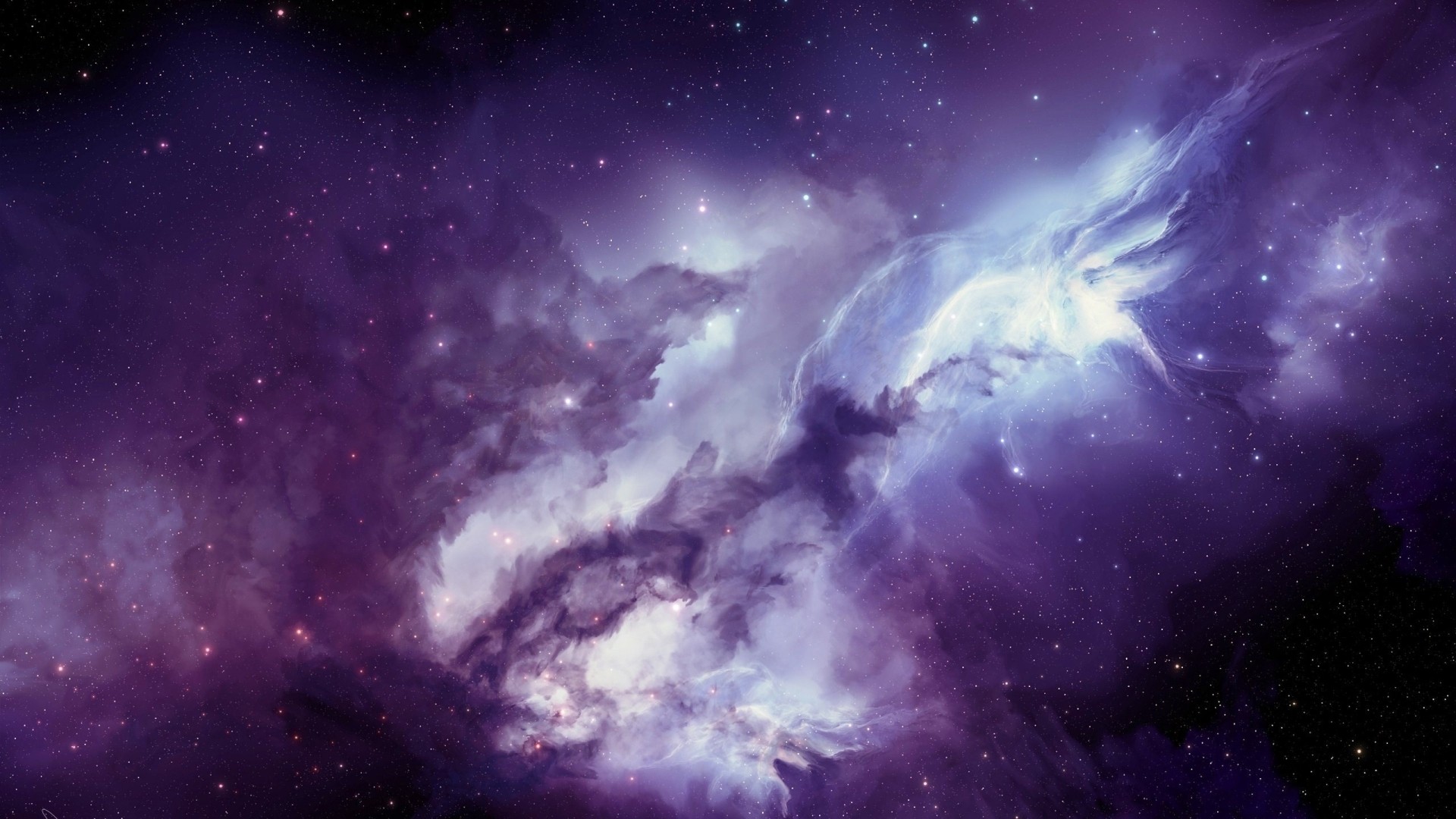 Digital art of a purple and blue nebula with stars HD Wallpaper