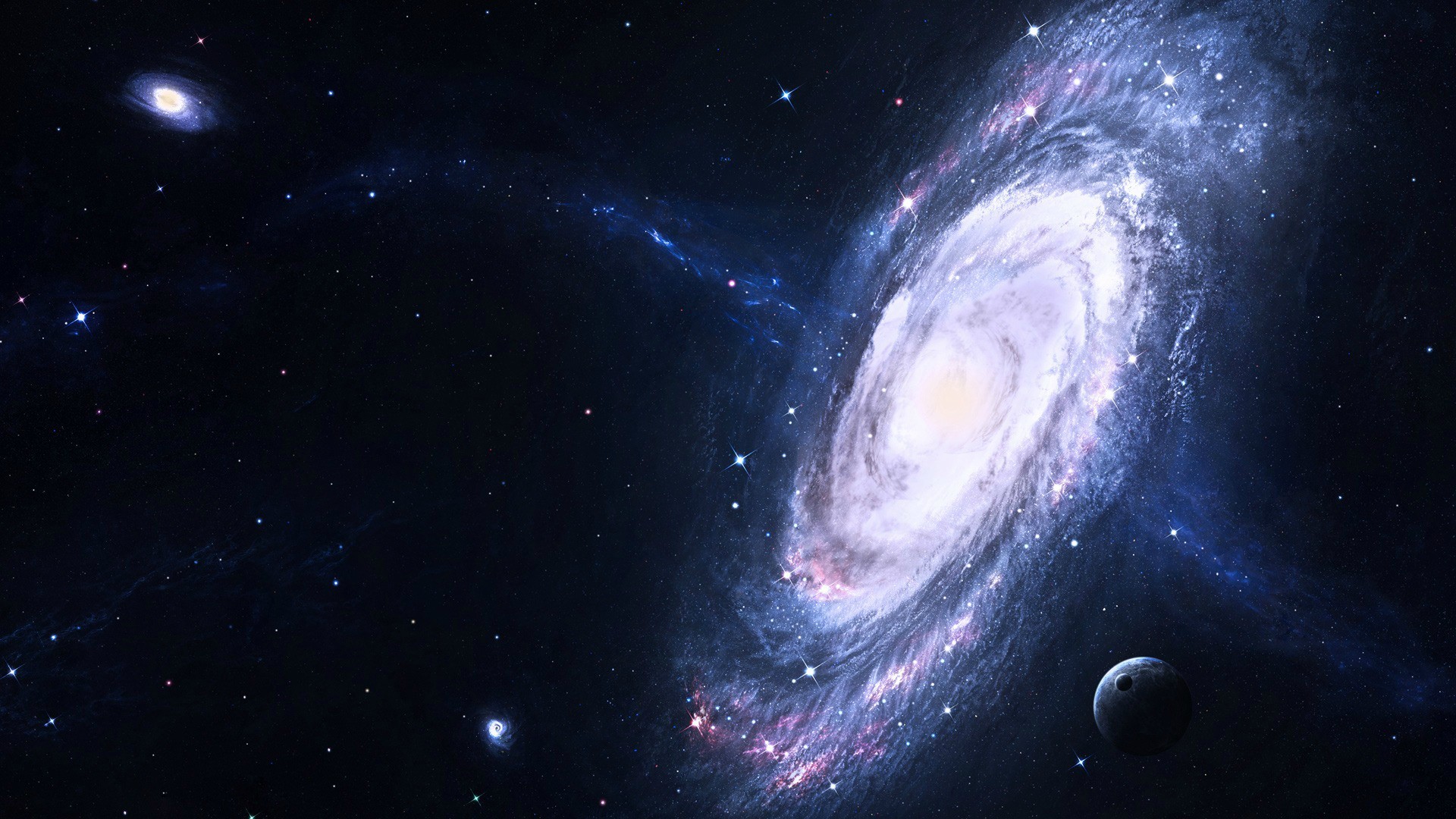 Spiral galaxy with a planet in space HD Wallpaper