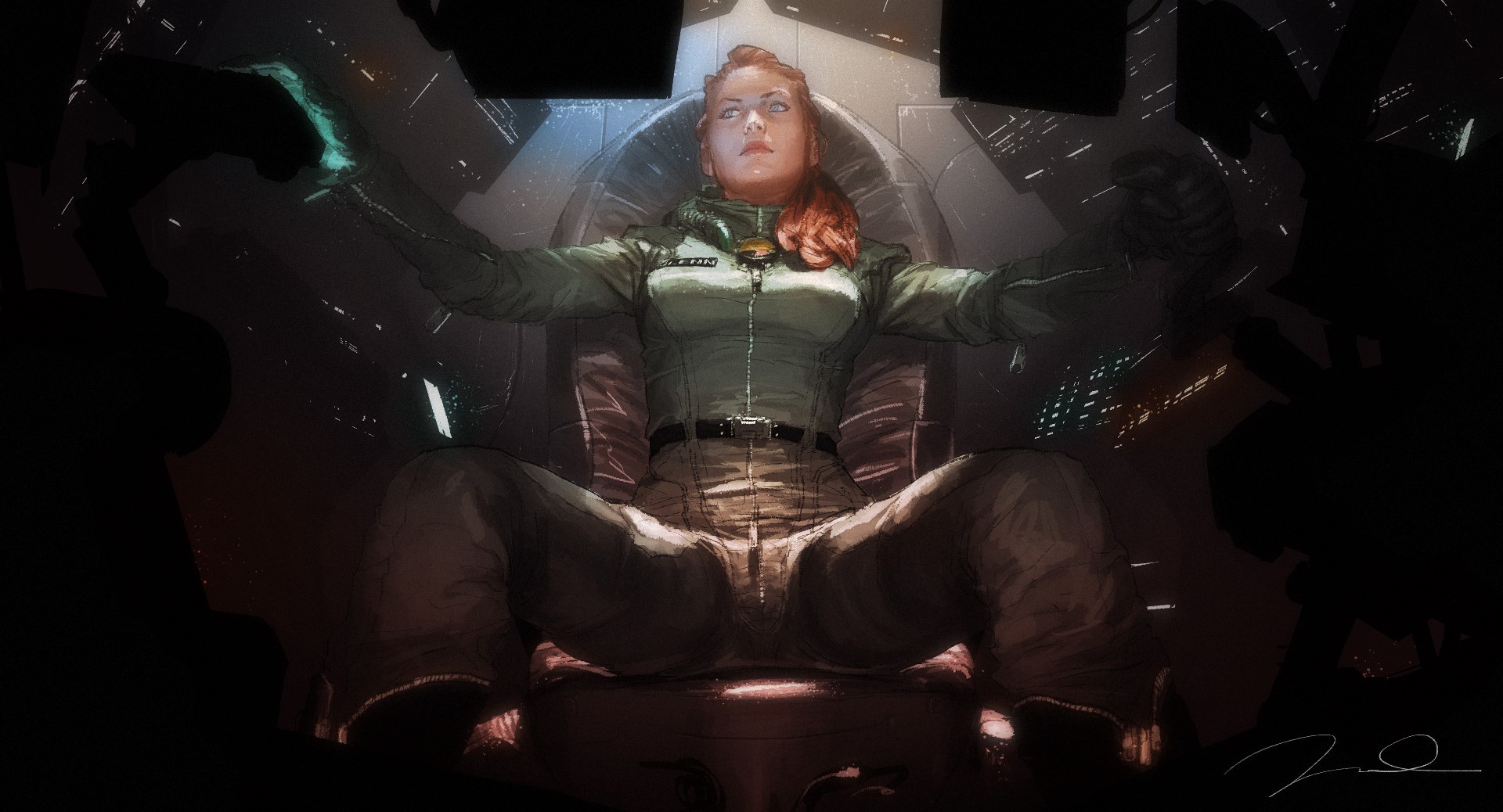 Woman in futuristic pilot seat with arms outstretched HD Wallpaper