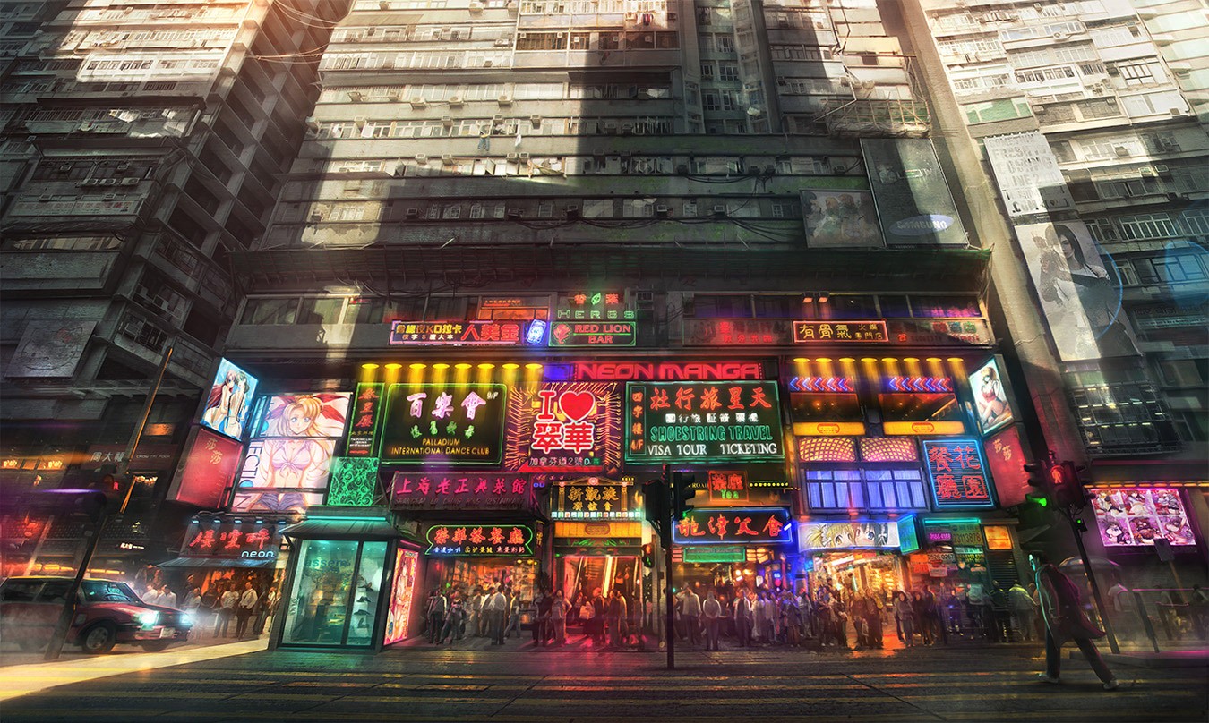 Neon Manga and apartments in a cyberpunk city HD Wallpaper