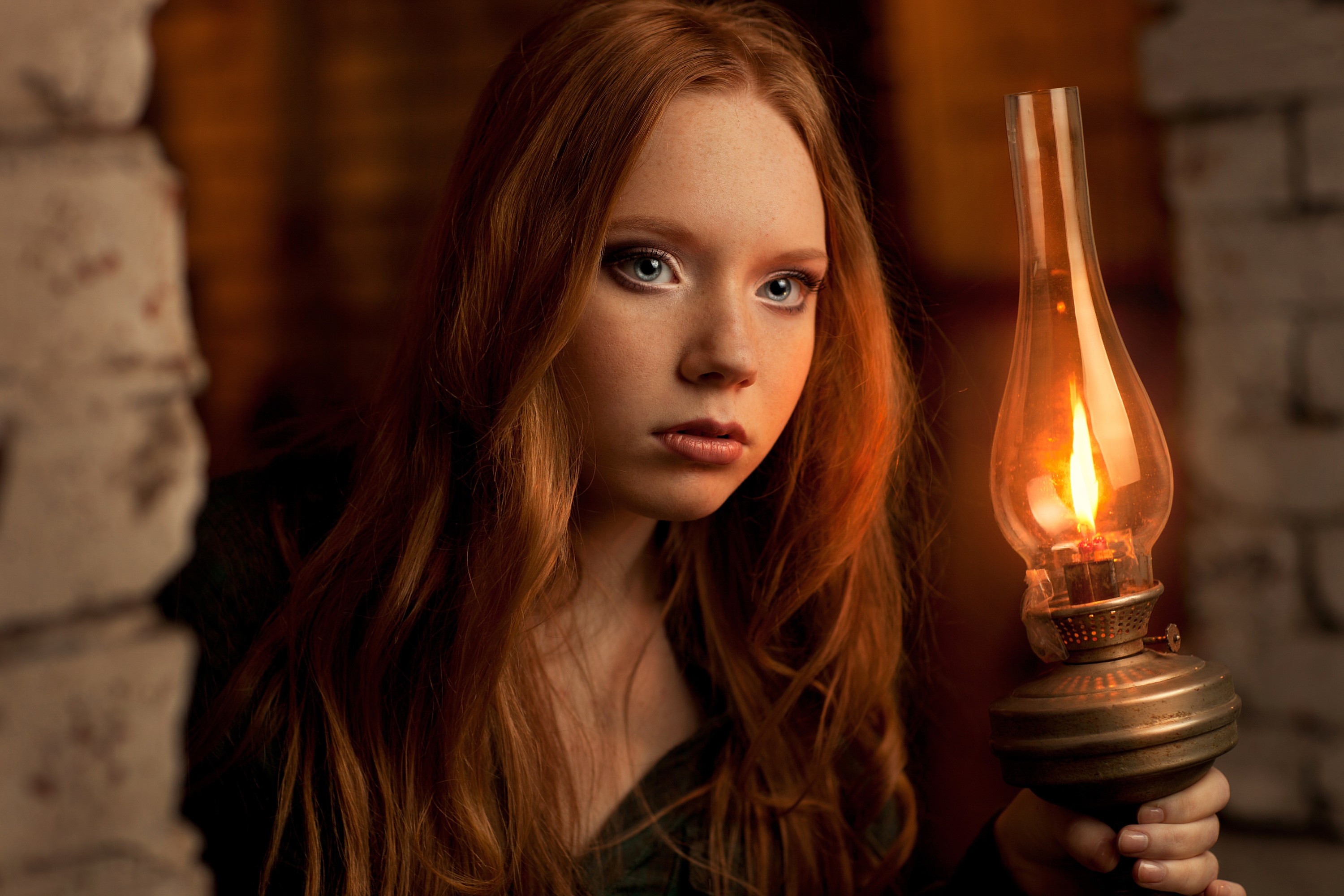 Redhead woman holding a gas lamp HD Wallpaper