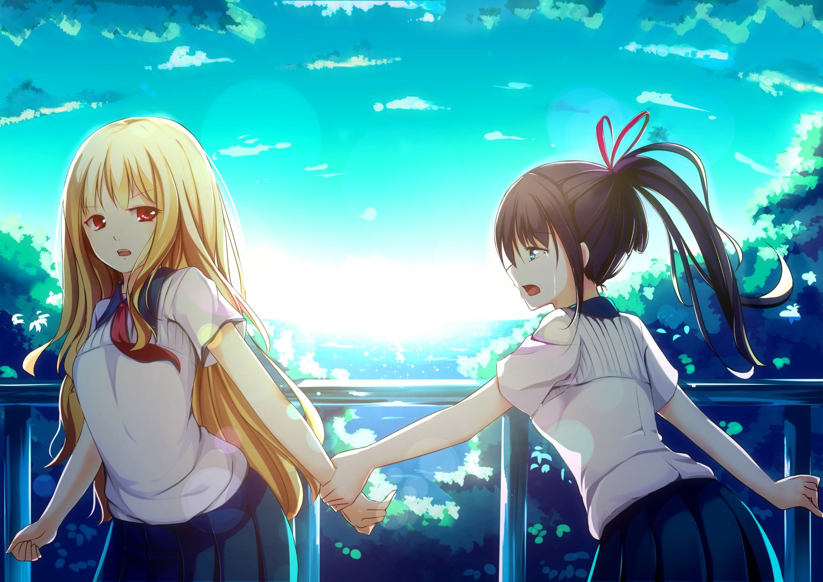 Two anime schoolgirls holding hands at sunset HD Wallpaper