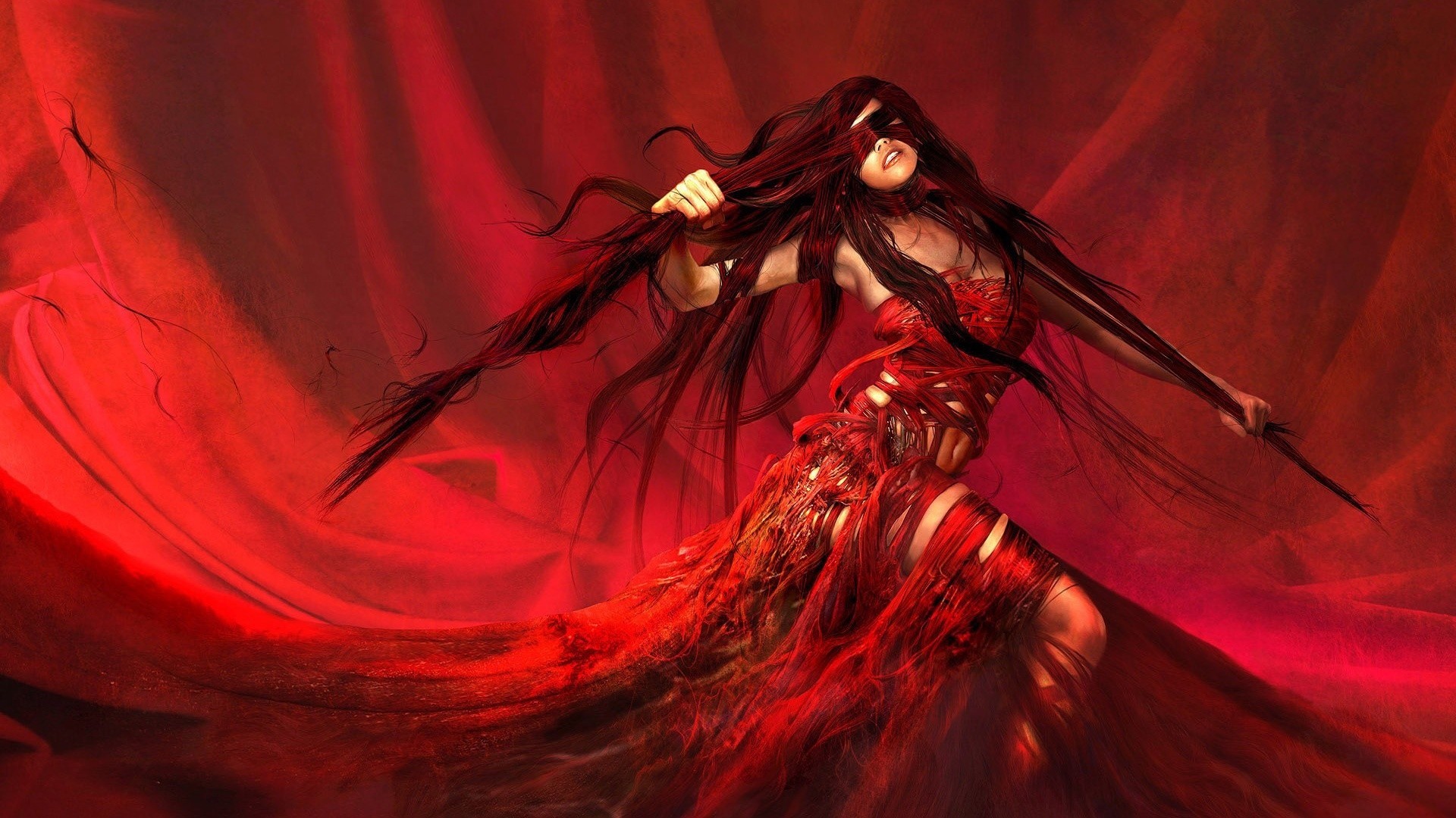 Artwork of a woman with long dark hair in a red dress HD Wallpaper
