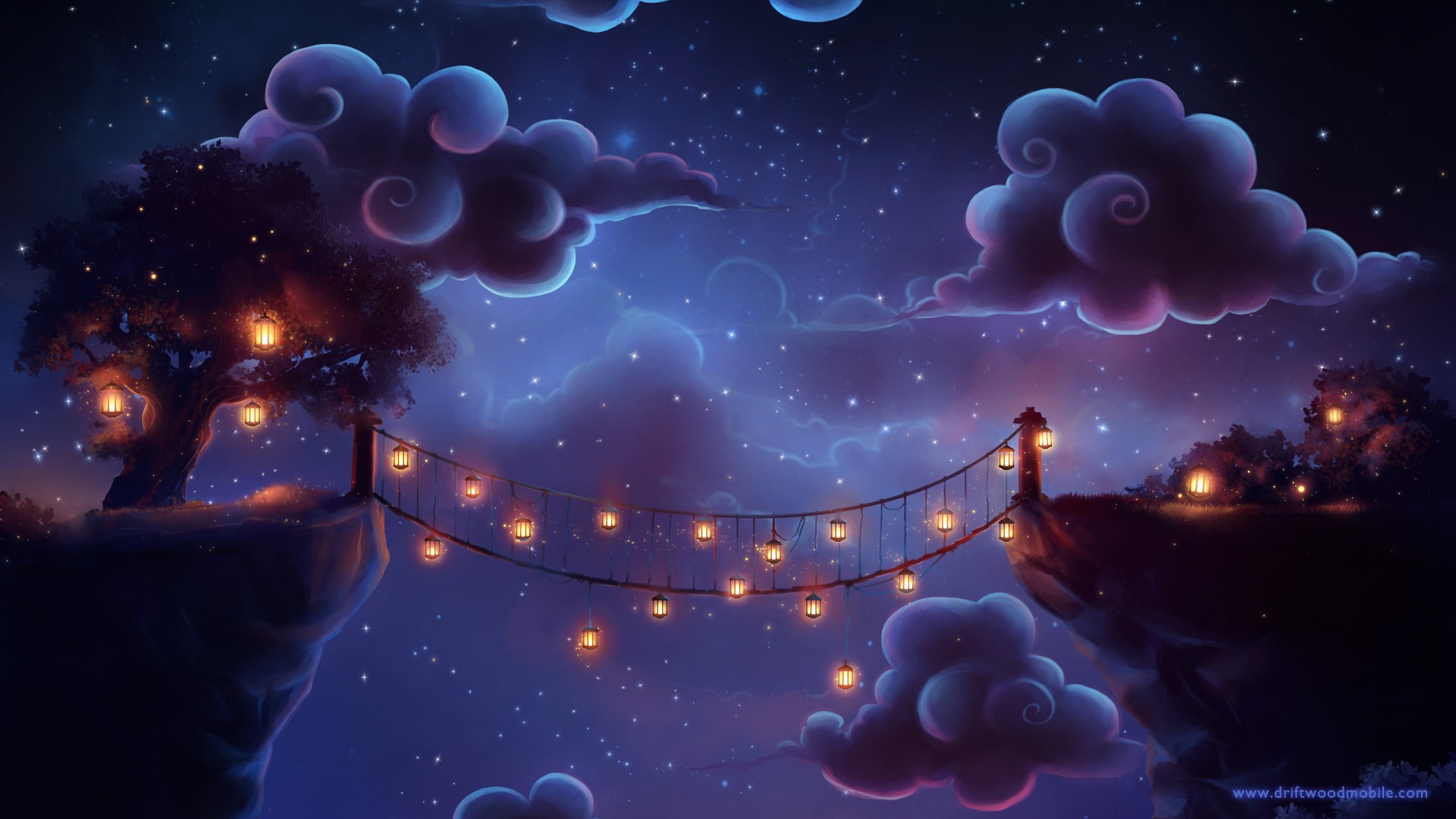 Fantasy bridge with lanterns at night HD Wallpaper