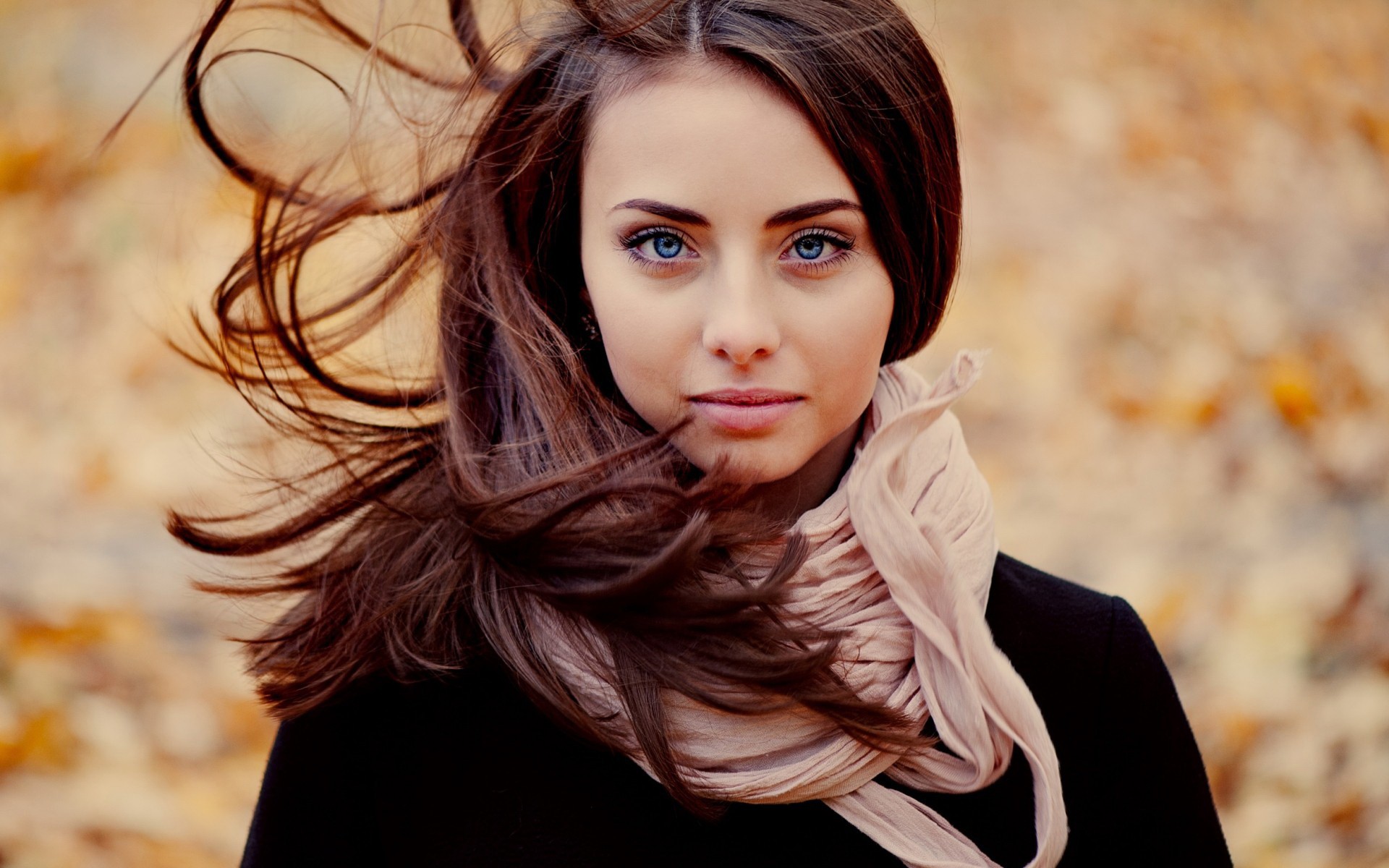 Ann Nevreva with blue eyes and scarf in the wind HD Wallpaper