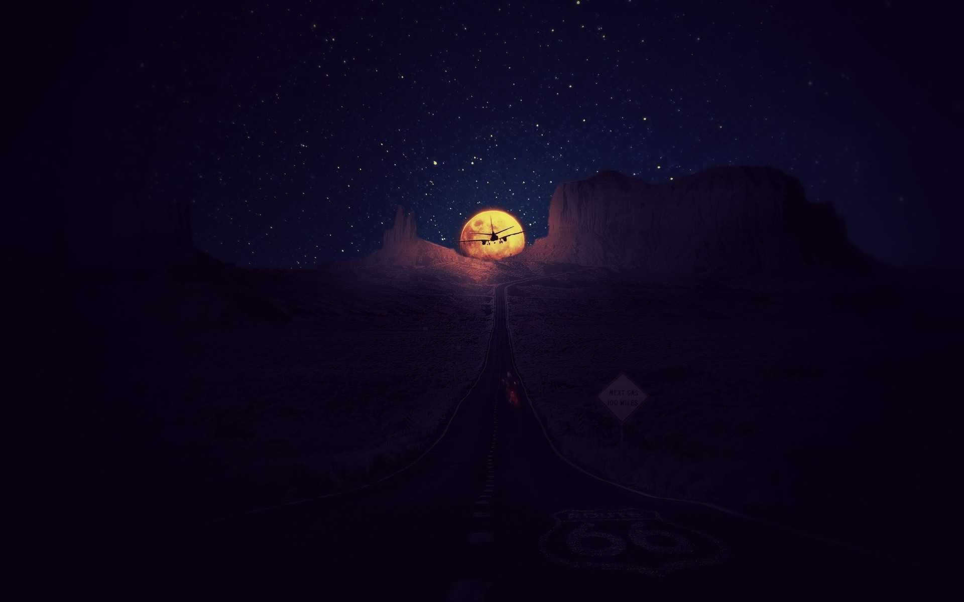Route 66 at night with a full moon and airplane HD Wallpaper