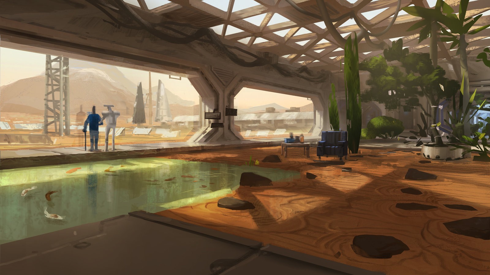 Futuristic biodome with koi pond and desert landscape HD Wallpaper