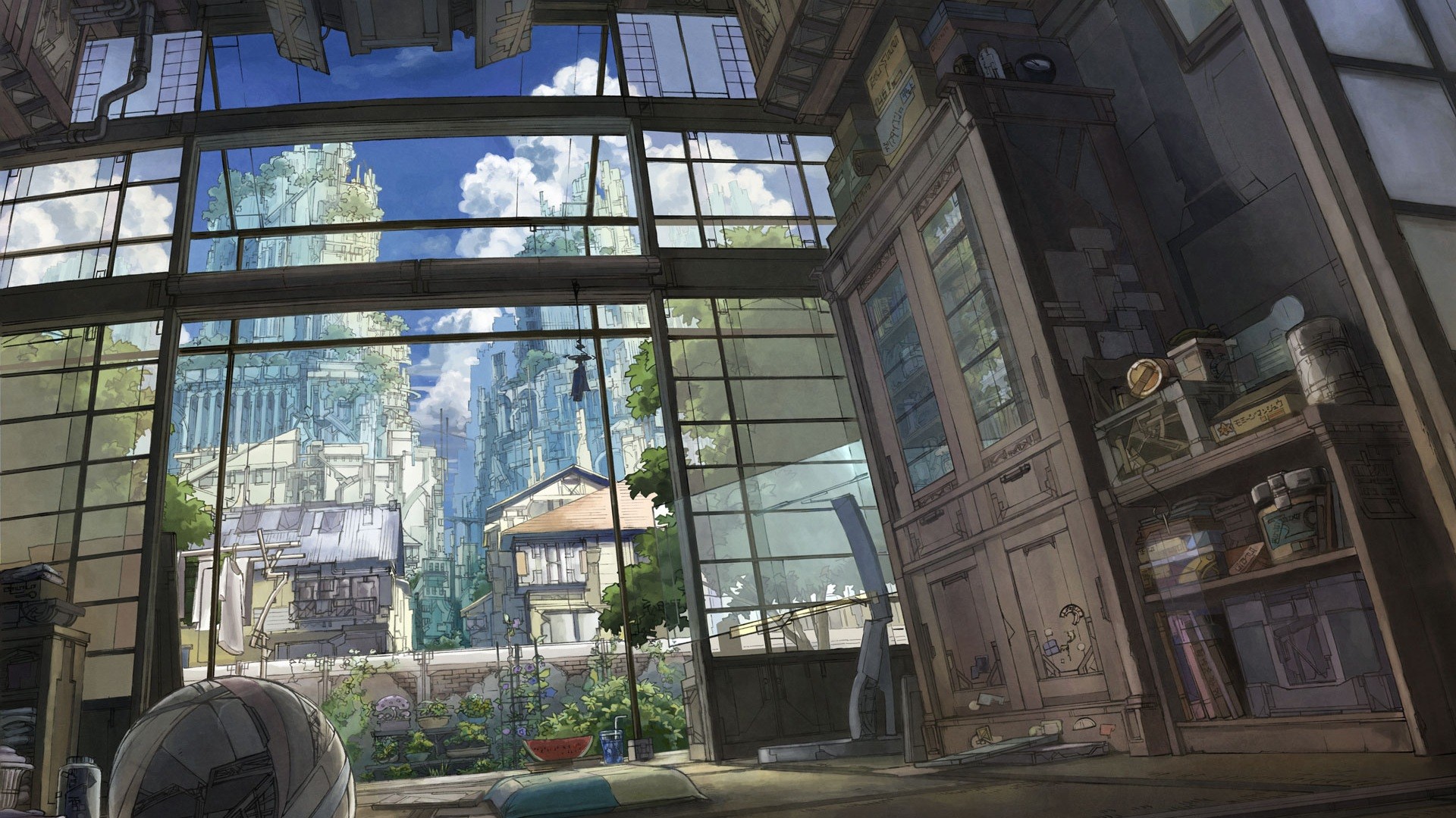 Anime interior with a view of a futuristic city HD Wallpaper