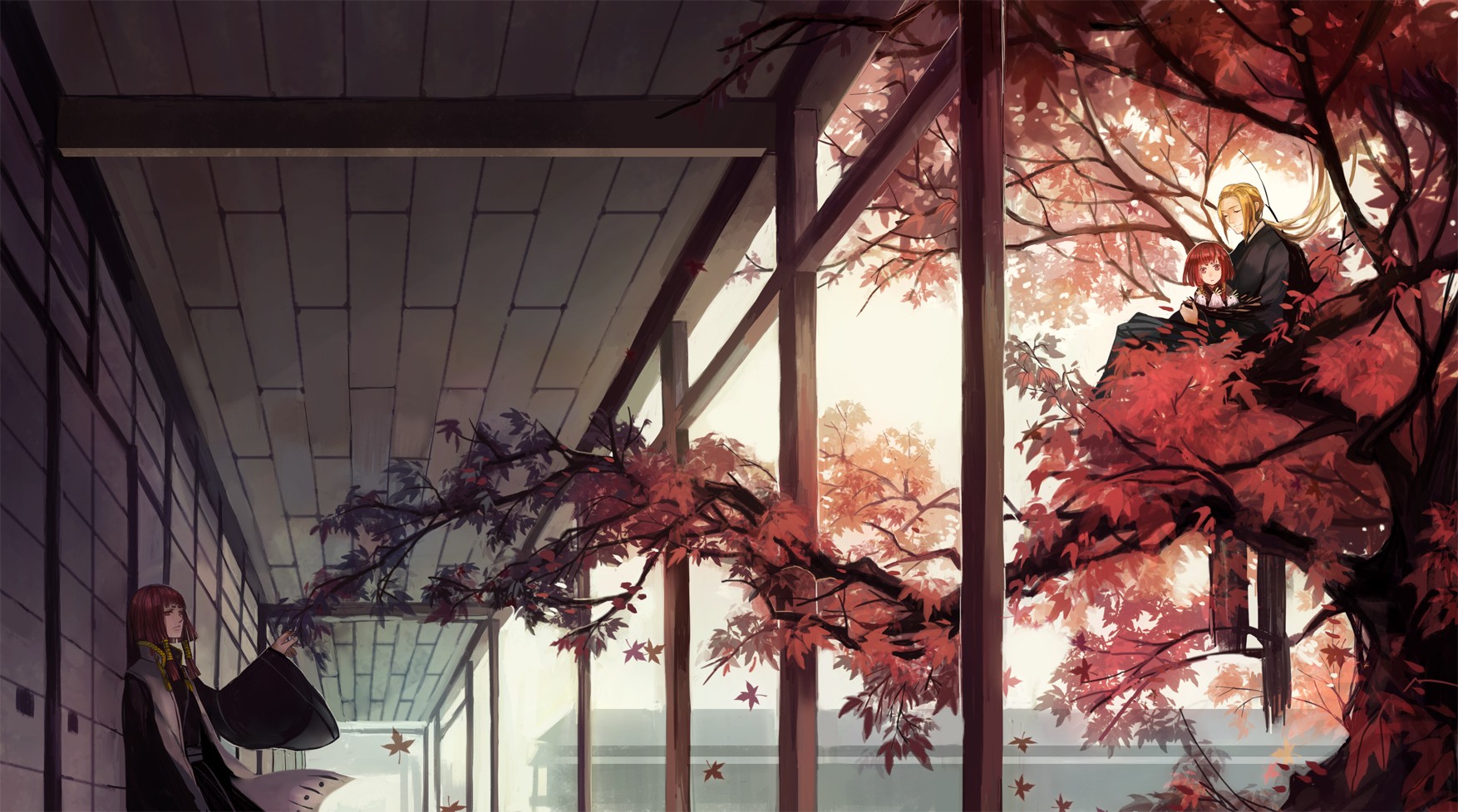 Anime couple sitting in a tree with red leaves HD Wallpaper