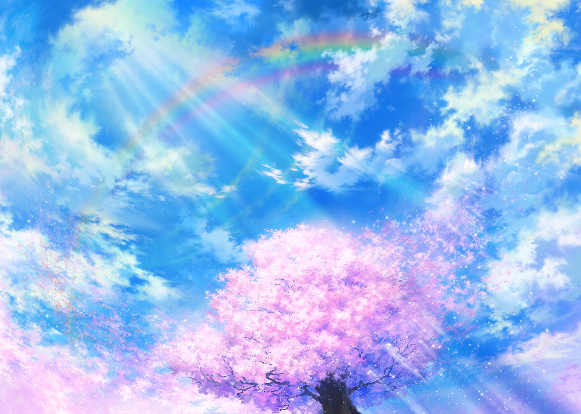 Anime landscape with cherry blossom tree and rainbow HD Wallpaper