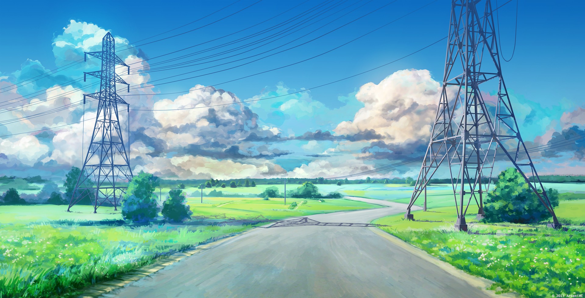 Everlasting Summer landscape with power lines and road HD Wallpaper