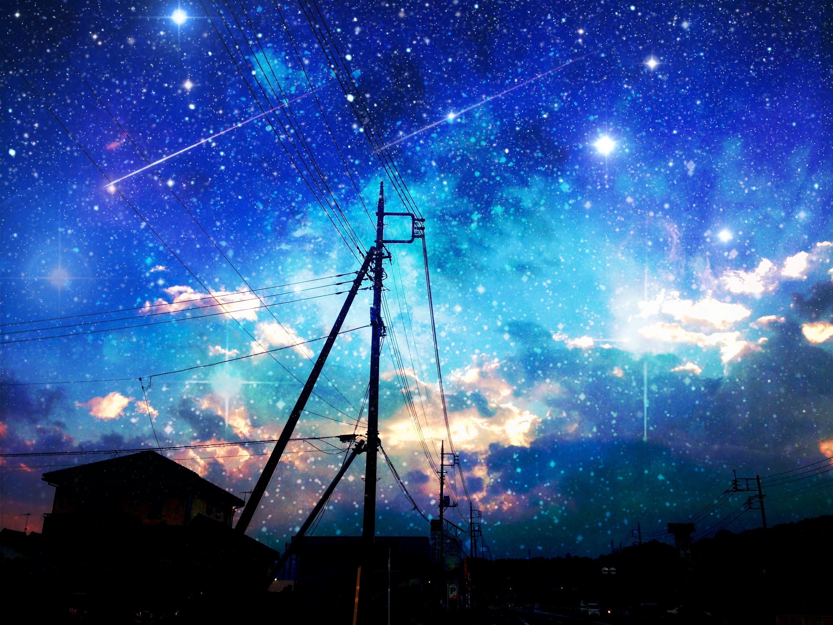 Anime starry night sky with clouds and power lines HD Wallpaper