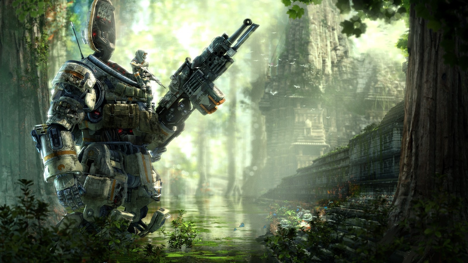 Titanfall robot with rifle in jungle ruins HD Wallpaper