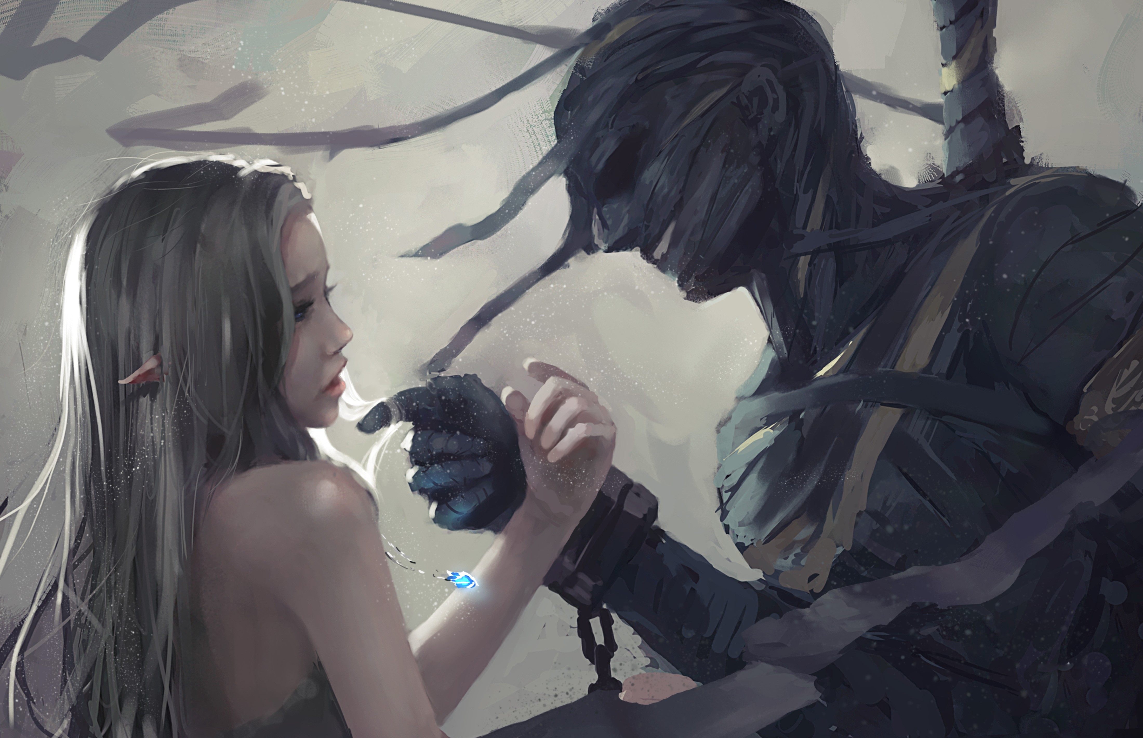 WLOP fantasy art of a girl and a mummy-like figure HD Wallpaper