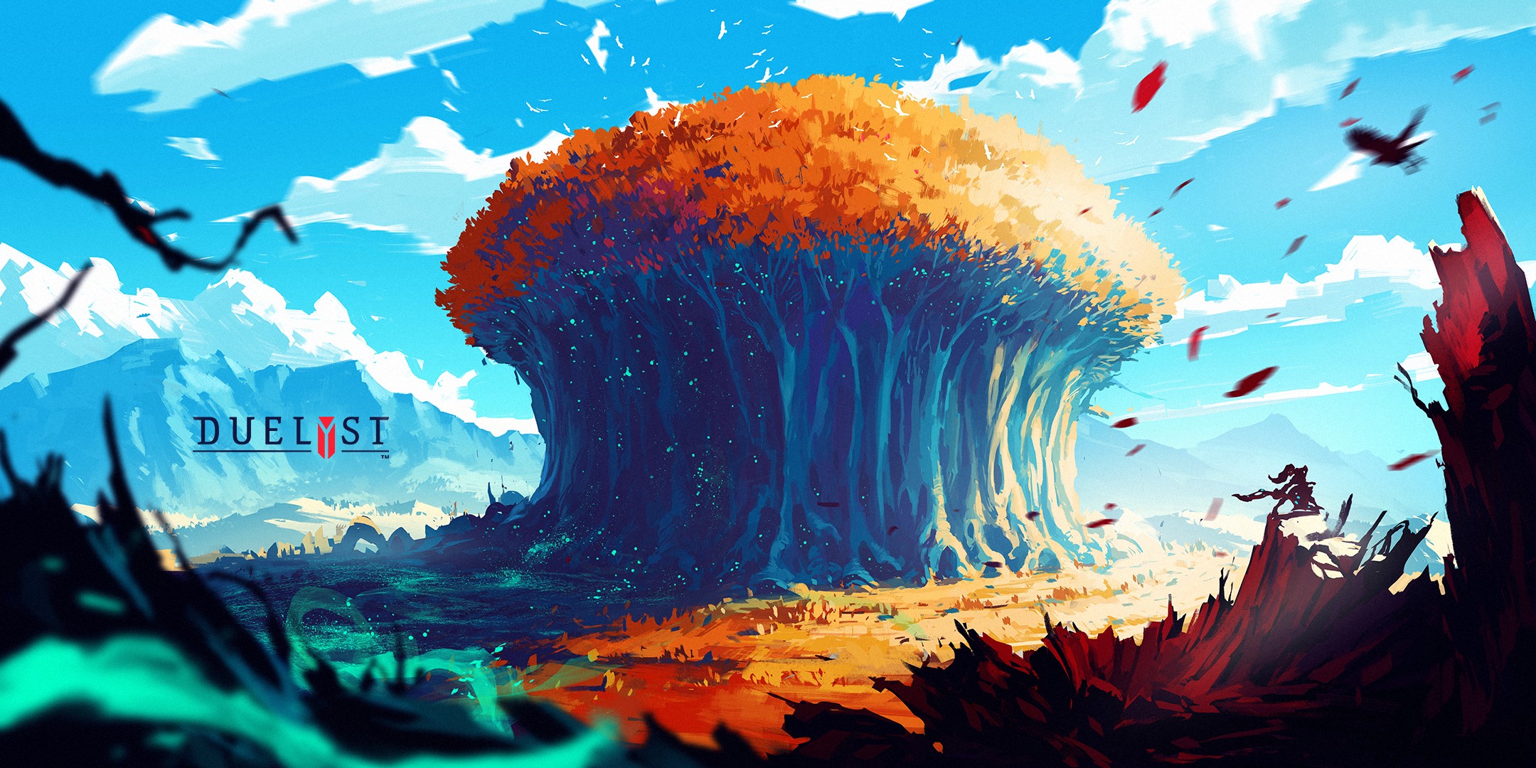 Duelyst Game Art with Giant Tree and Mountains HD Wallpaper