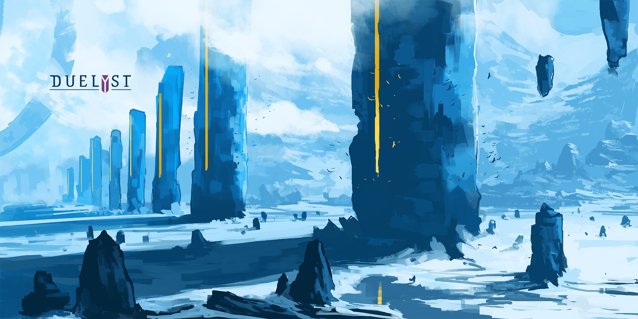 Duelyst fantasy art with blue monoliths and floating rocks HD Wallpaper