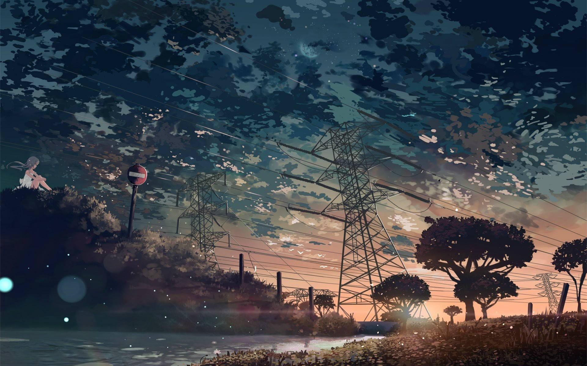 Anime landscape with power lines and a girl HD Wallpaper
