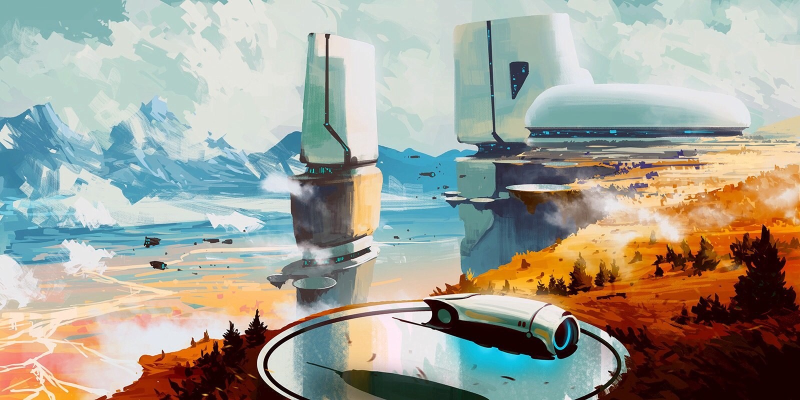 Duelyst digital art of futuristic structures and vehicles HD Wallpaper