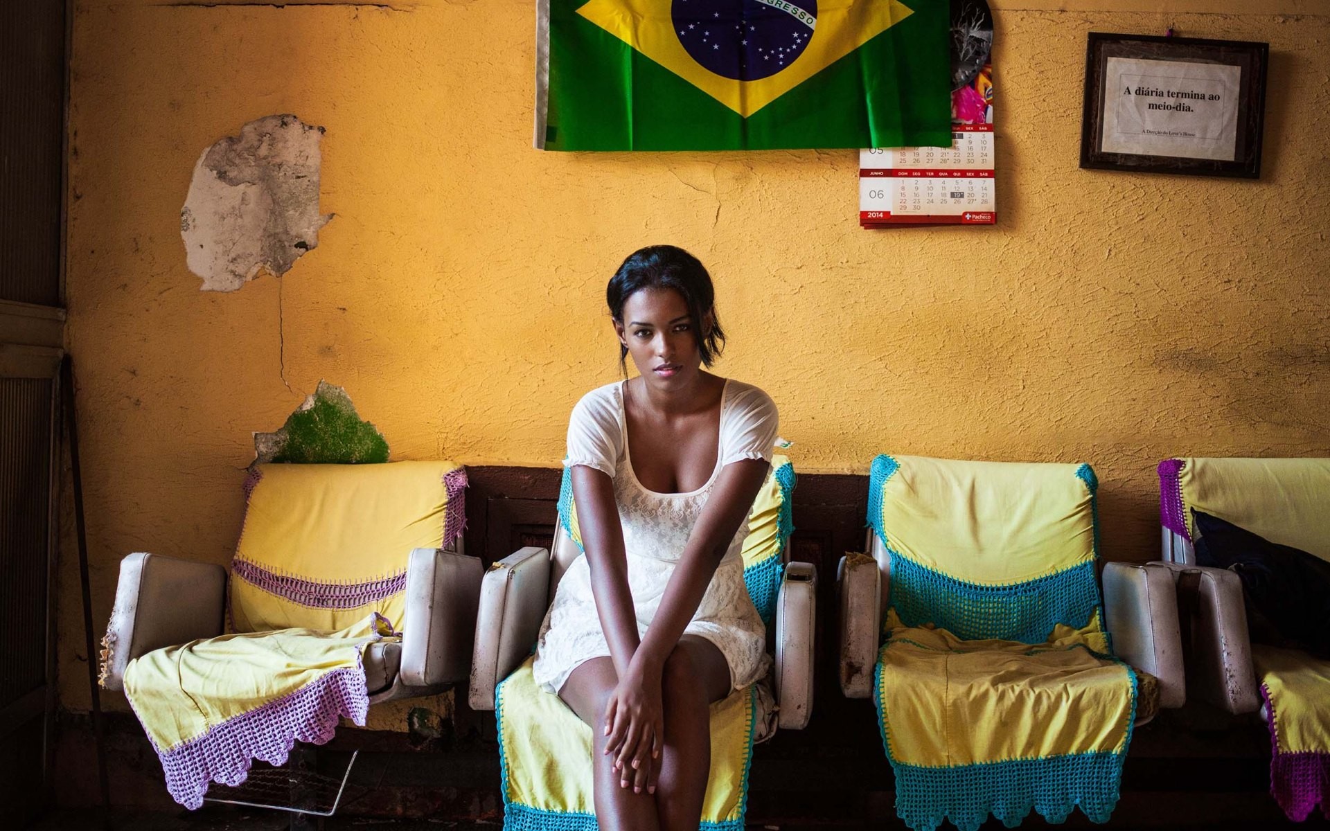 Woman in white dress in front of Brazil flag HD Wallpaper