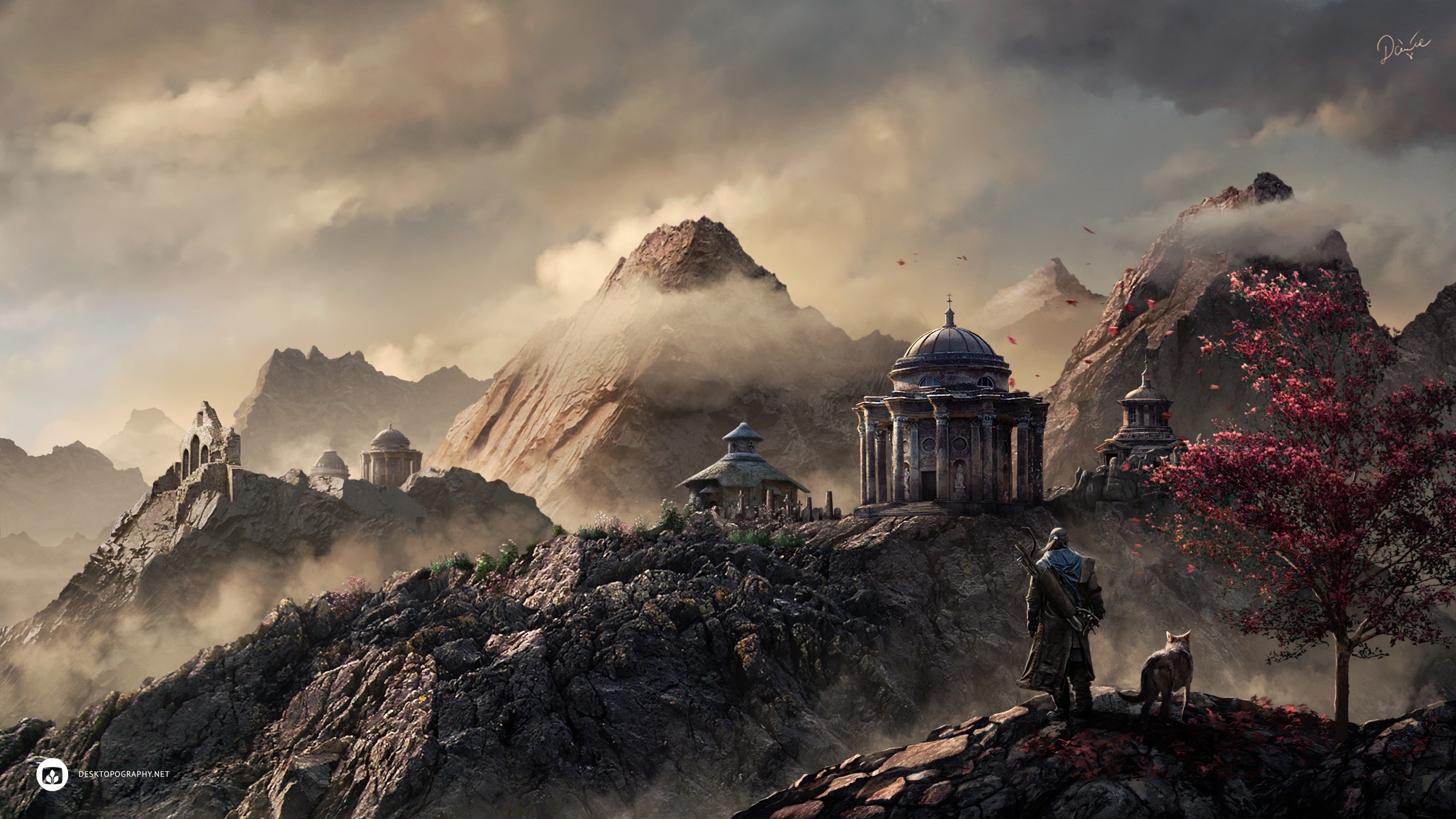 Fantasy warrior and dog on a mountain with ancient ruins HD Wallpaper