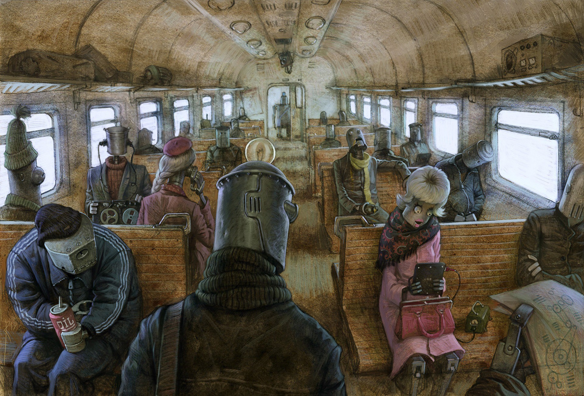 Robots on a train in the style of Machinarium HD Wallpaper