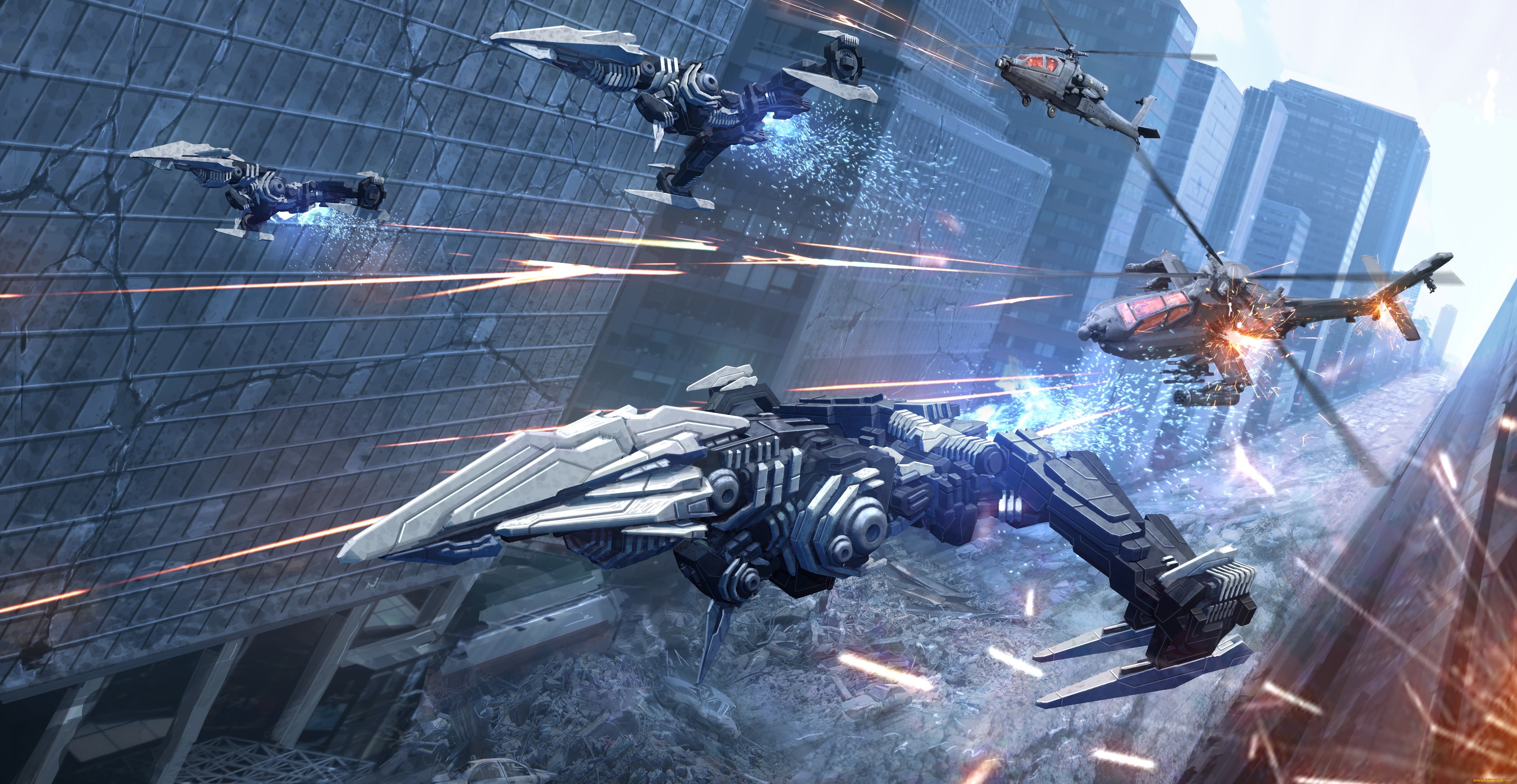 Futuristic aircraft and helicopters in a ruined city battle HD Wallpaper