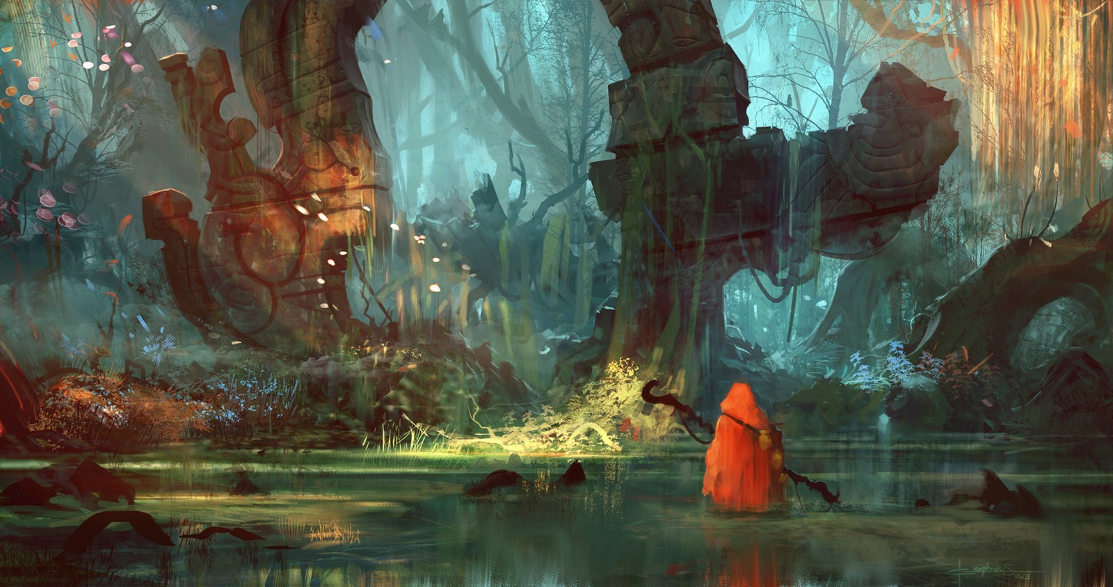 Geoffrey Ernault's red figure in a mystical forest clearing HD Wallpaper