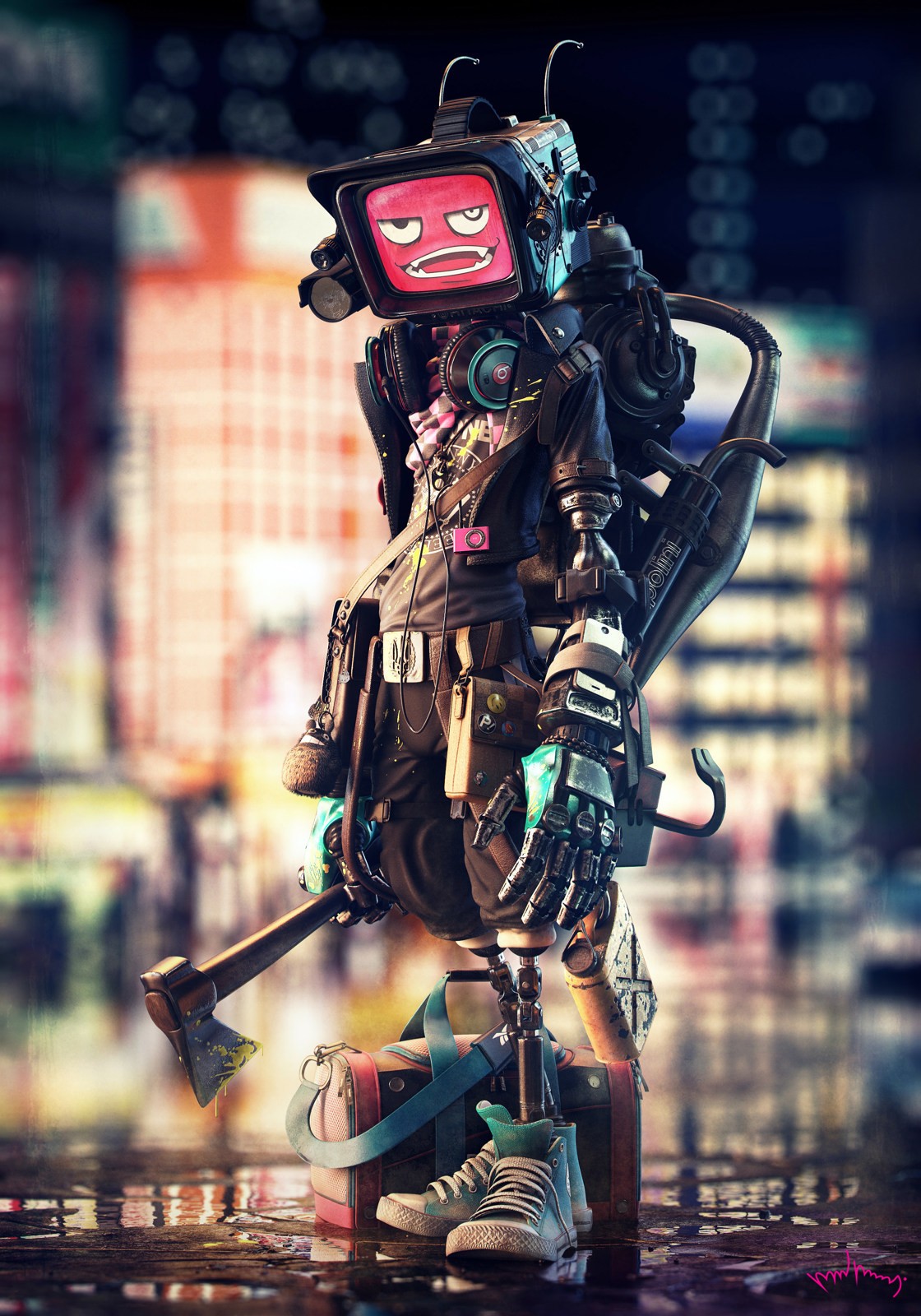 Robot with TV head and axe in city HD Wallpaper