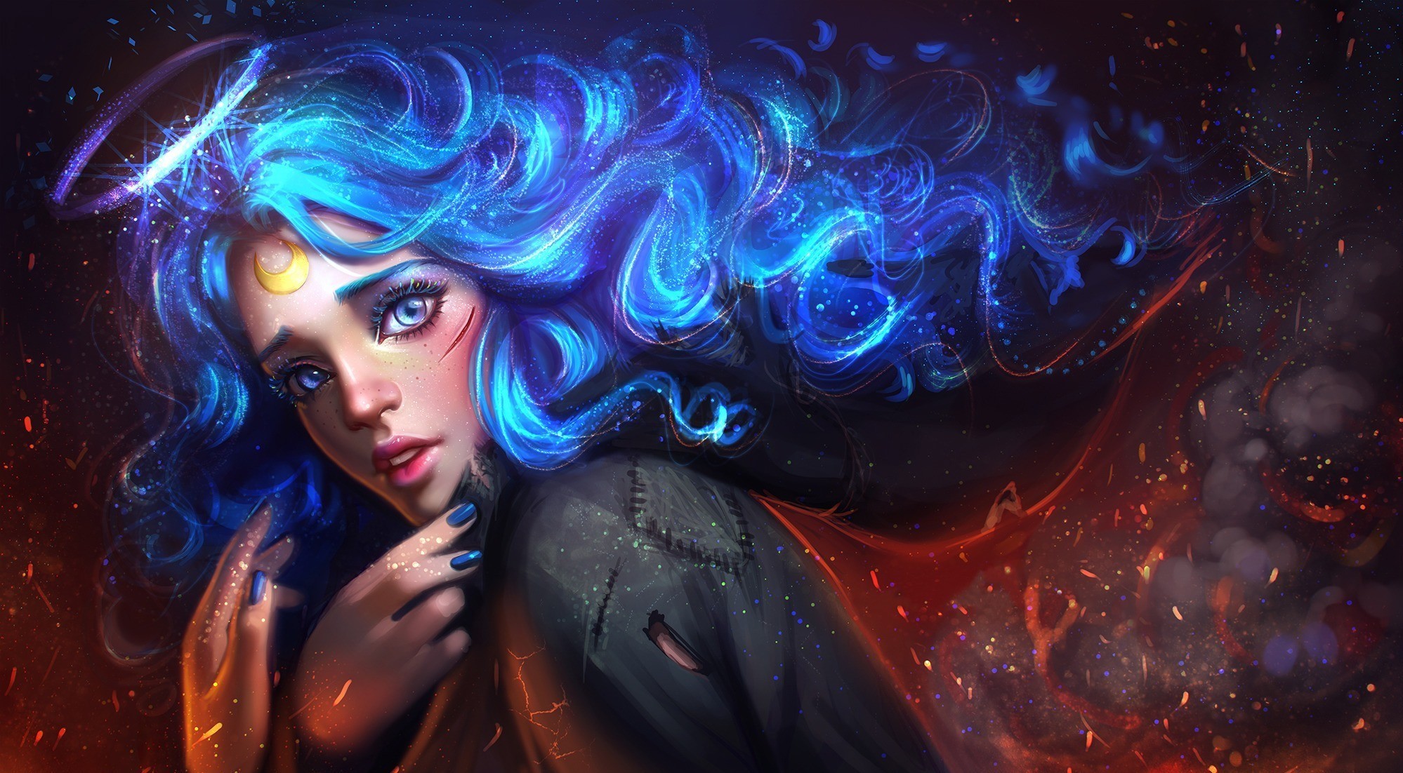 Fantasy art of a woman with blue hair and moon. HD Wallpaper
