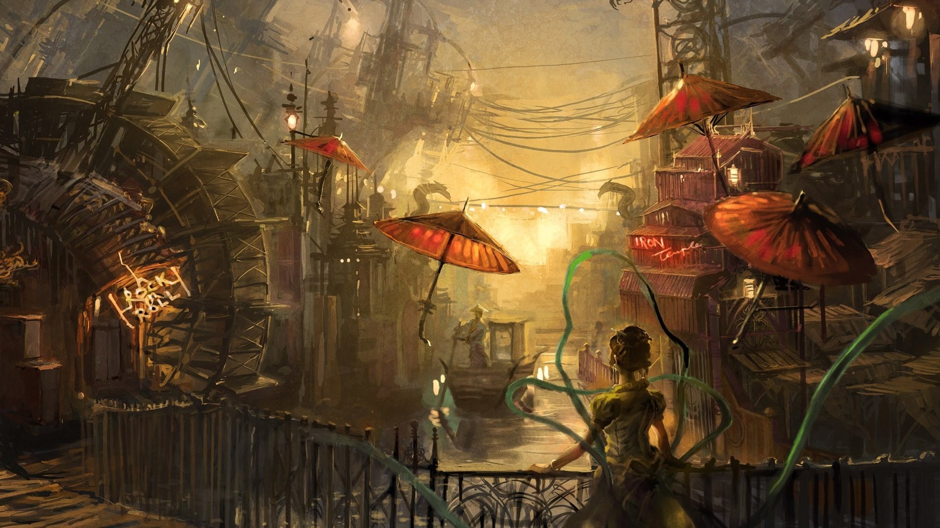 Steampunk Asian city with umbrellas and temples HD Wallpaper