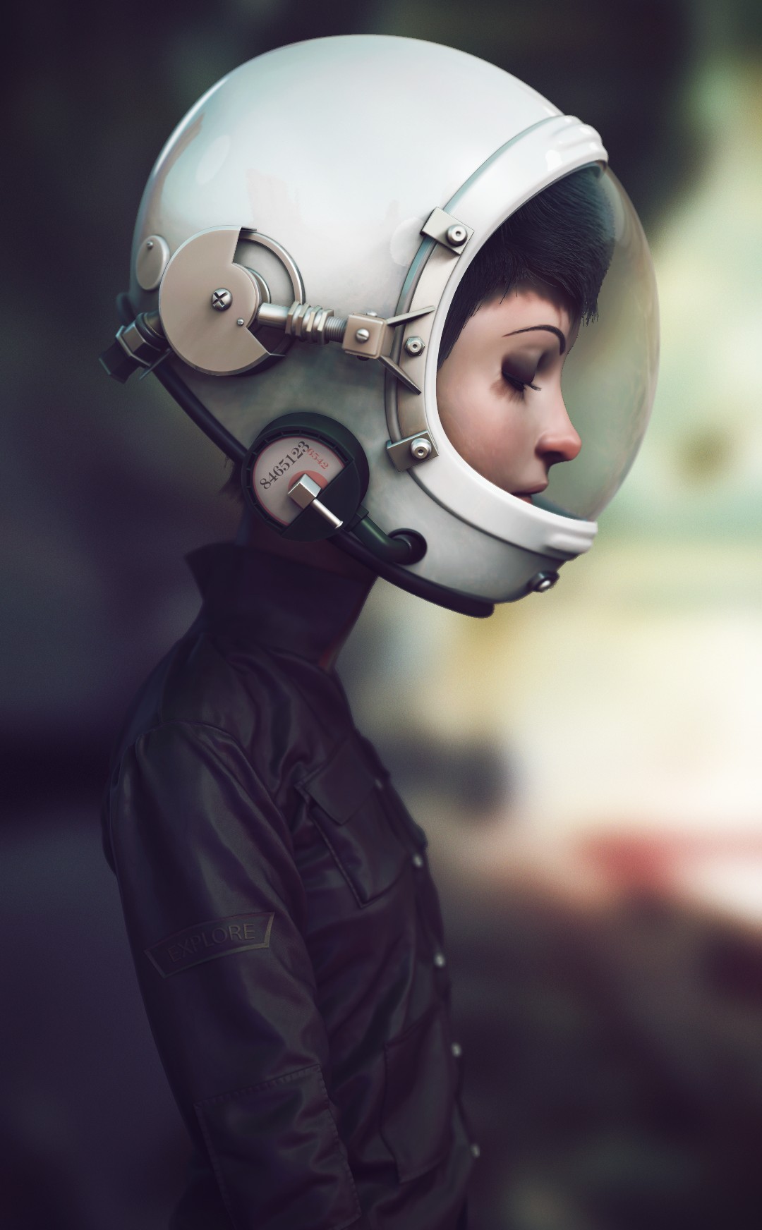 Woman in astronaut helmet with "EXPLORE" patch HD Wallpaper